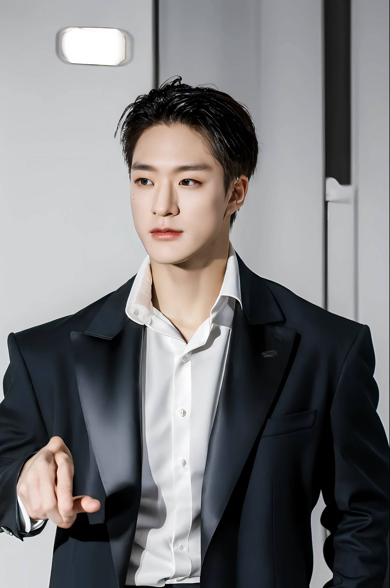 oppav3, (masterpiece, ultra quality, high resolution, 8k, intricate: 1.2), (detailed face:1.2), (wearing black suit:1.5), handsome, detailed skin, pores, absurdres, hunk, 1boy, male focus, ((realistic)), good lighting quality, muscle veins, ((pale skin)), flexing, balanced eyes, brown eyes,