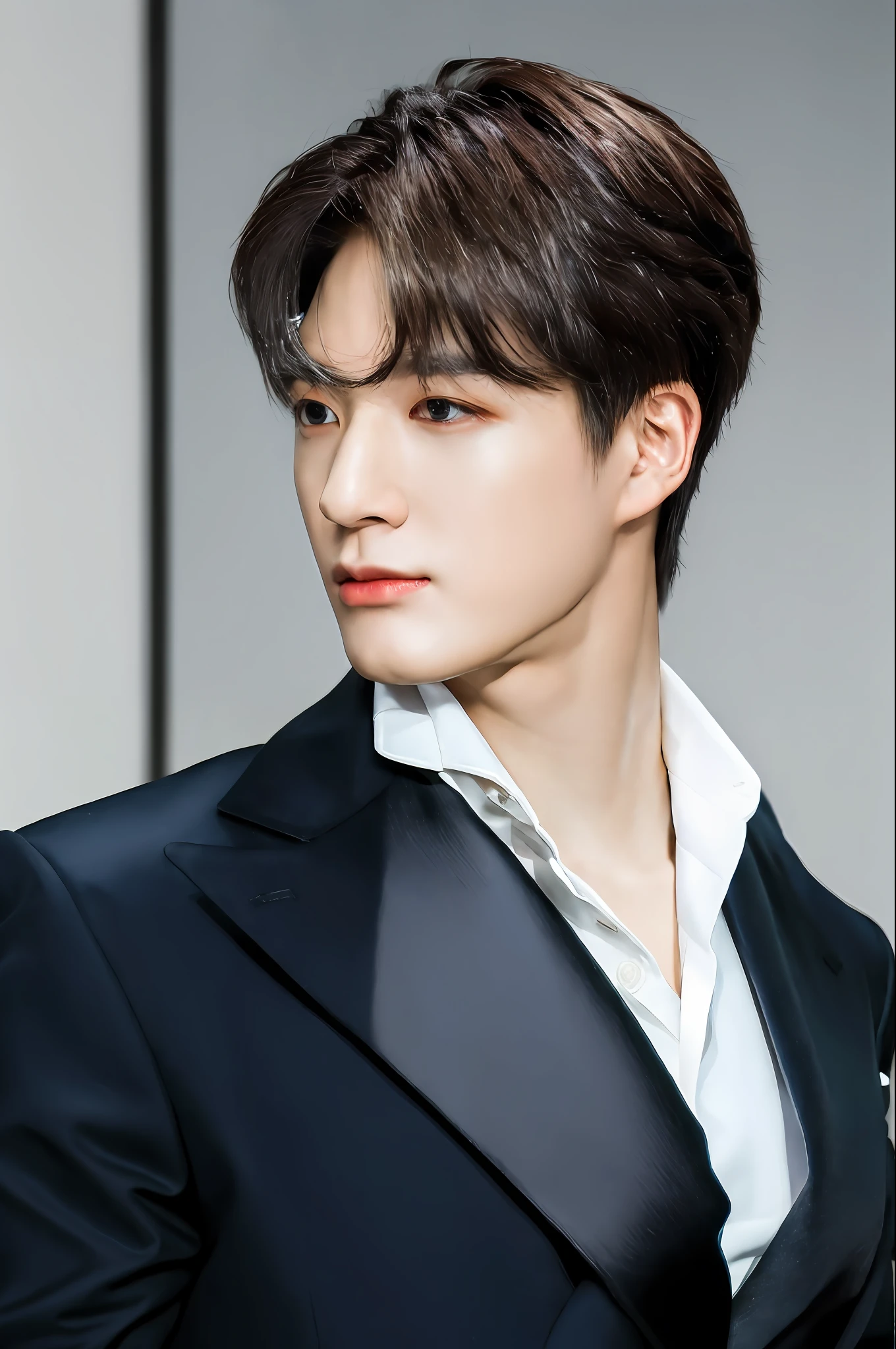 oppav3, (masterpiece, ultra quality, high resolution, 8k, intricate: 1.2), (detailed face:1.2), (wearing black suit:1.5), handsome, detailed skin, pores, absurdres, hunk, 1boy, male focus, ((realistic)), good lighting quality, muscle veins, ((pale skin)), flexing, balanced eyes, brown eyes,