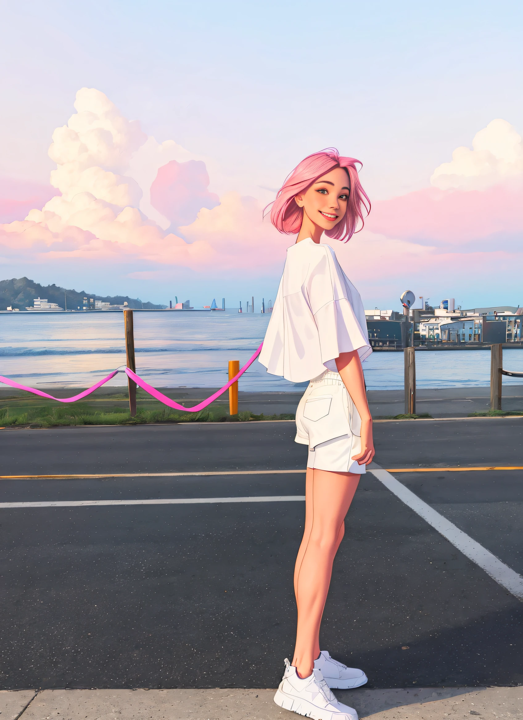 1girl, realistic, standing, photo, gorgeous white blouse, shorts, looking past viewer, feminine, smile, photorealism, fashion design, pink sky, (perfect face:1.4), model, full body