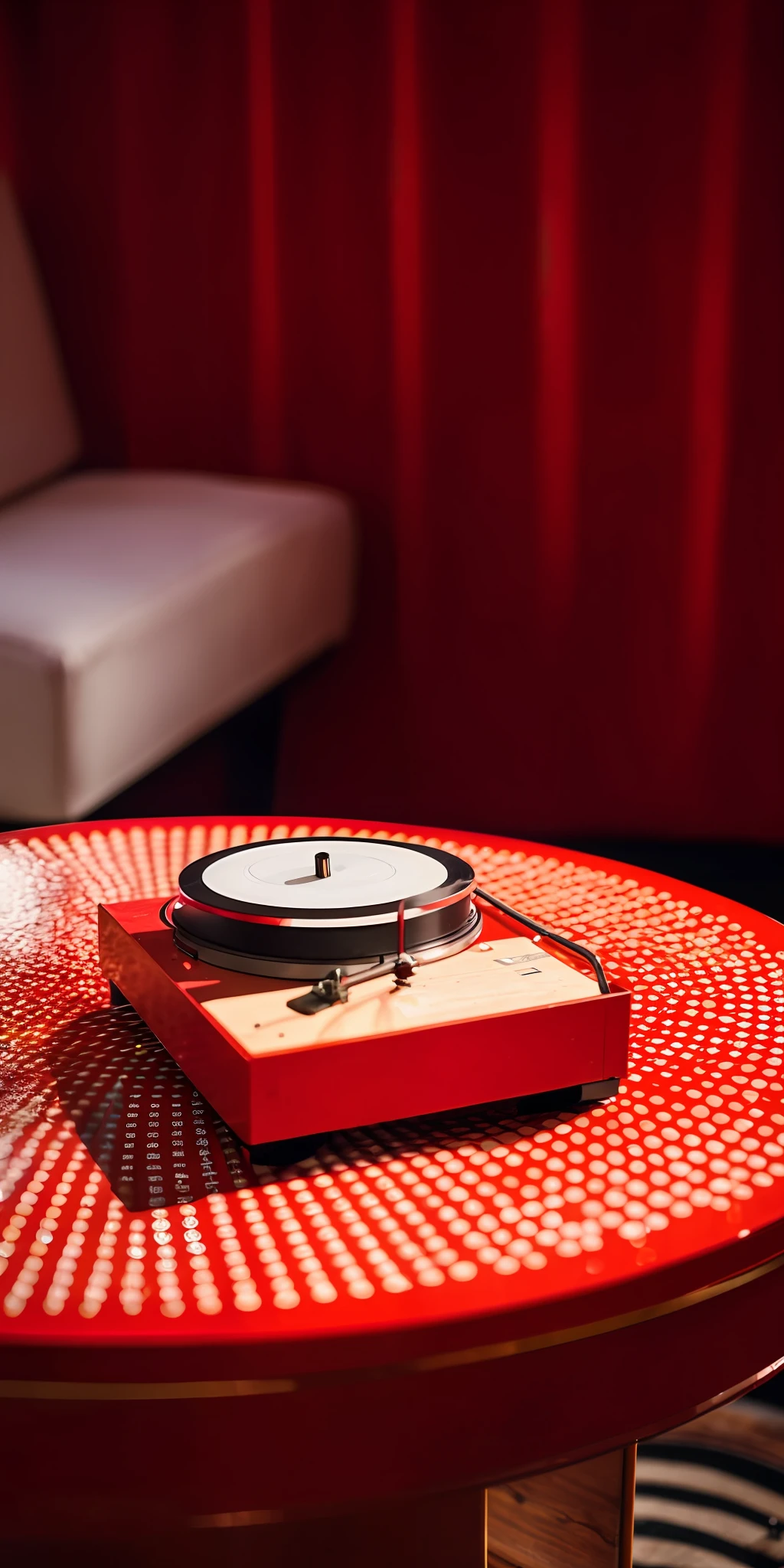 There is a red table with a vintage vinyl turntable on the table and a chair in the background, pop style, stylish, style loved by women