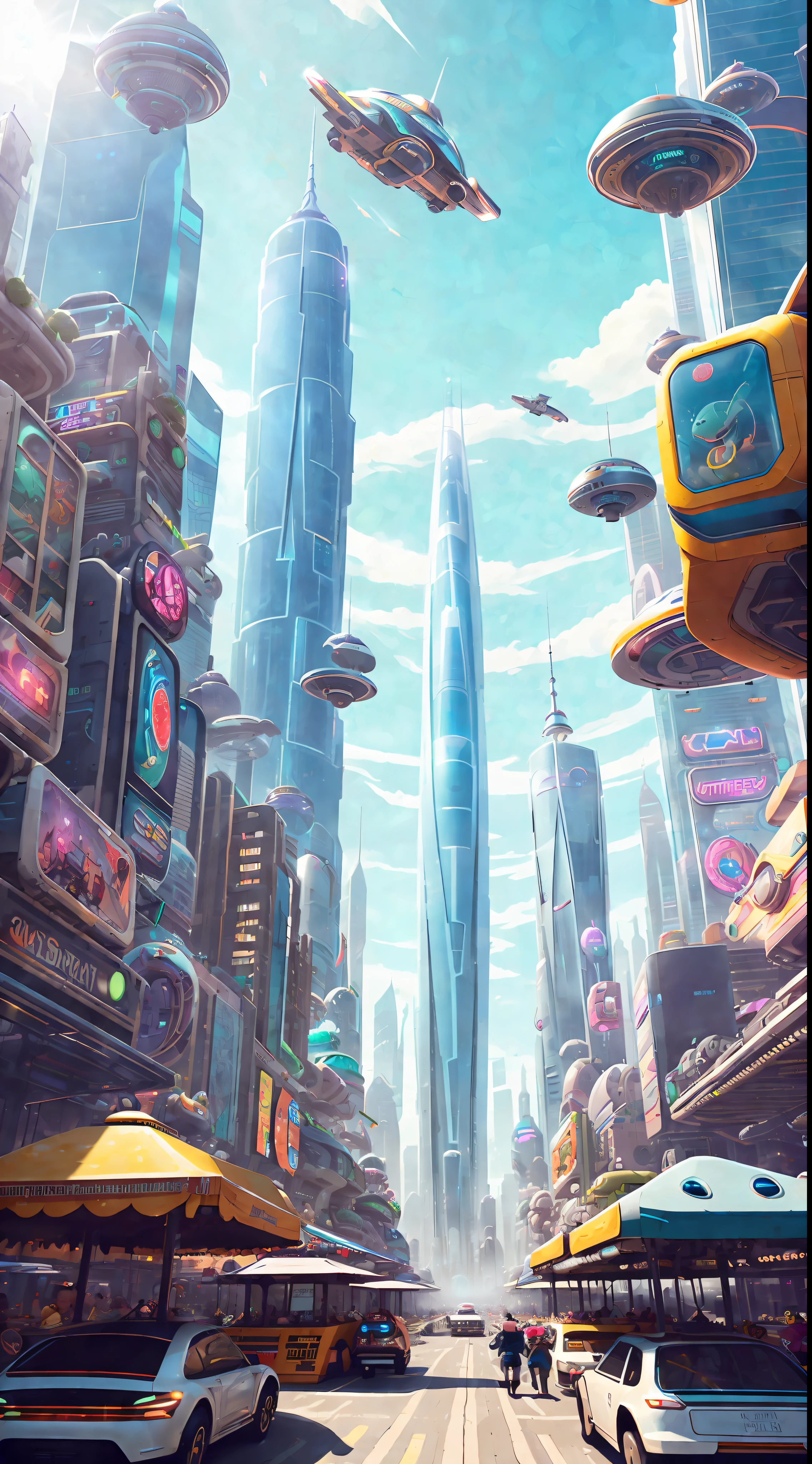 A bustling futuristic cityscape with floating skyscrapers and hovercars zooming between them. In the center of the city is a massive outdoor marketplace, filled with colorful stalls selling a wide variety of bizarre alien goods. The overall tone is lighthearted and whimsical, by Justin Maller