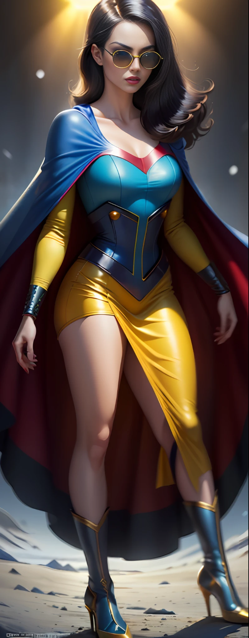 an impressive digital painting of (Emma Stone: 1.4), masterpiece, best quality, high detailed, (Like Snow White, wearing her iconic blue and yellow dress with a red cape, vibrant colors, detailed environment, evocative of the classic style of animation, high resolution, capturing the magic of the beloved film.:1.5), (in the style of Roger Dean:1.3),(A pair of bold, retro-inspired sunglasses that protect your eyes from the sun while simultaneously adding a touch of glamour to your overall look.:1.6),epic fantasy character art, concept art, fantasy art, a character portrait, fantasy art, high vibrant contrast, trend in ArtStation, dramatic lighting, ambient occlusion, volumetric lighting, emotional, Deviant-art, hyper detailed illustration, 8k, beautiful lighting, vamptech, rifle, android, using excessive makeup, Blush, Mascara, eyebrow pencils, eyeshadow, eyeliner, lip liner, lip gloss, (dramatic eyelashes: 1.3), cut crease, Ombre lips, graphic eyeliner, extreme makeup, eye shadow, lipstick, excessive makeup