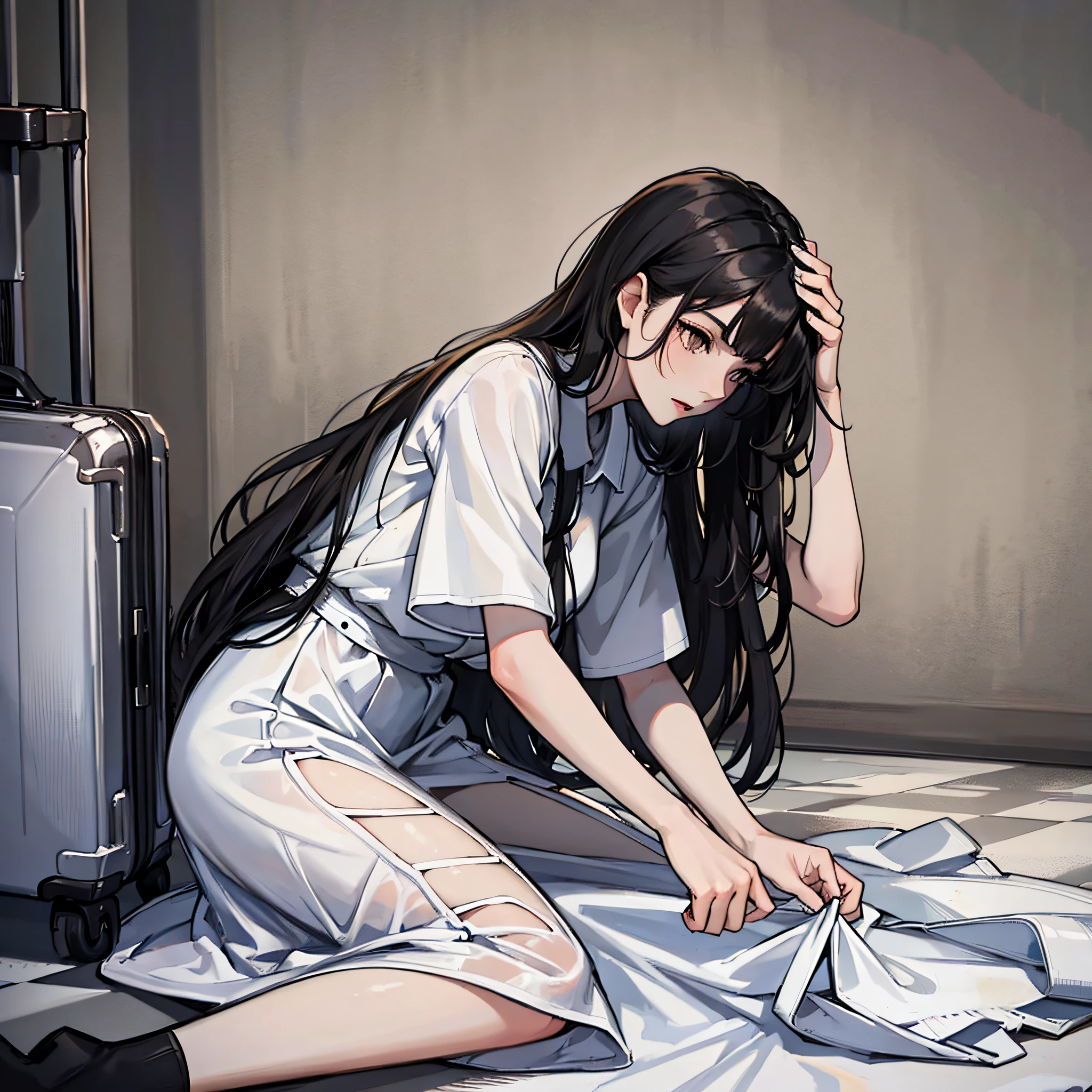 1 woman, long black hair, white dress, fell to the ground, luggage scattered on the side