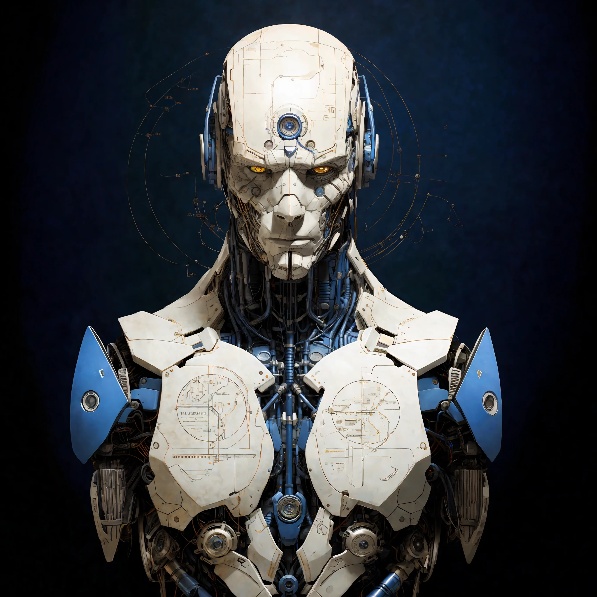 a close up of a robot with a blue background, detailed portrait of a cyborg, portrait of a futuristic robot, close-up portrait of cyborg, portrait of cyborg, symmetry!! portrait of cyborg, detailed humanoid, portrait of male humanoid, cybernetic and highly detailed, portrait of a cyborg, highly detailed cybernetic body, cyborg and wire details