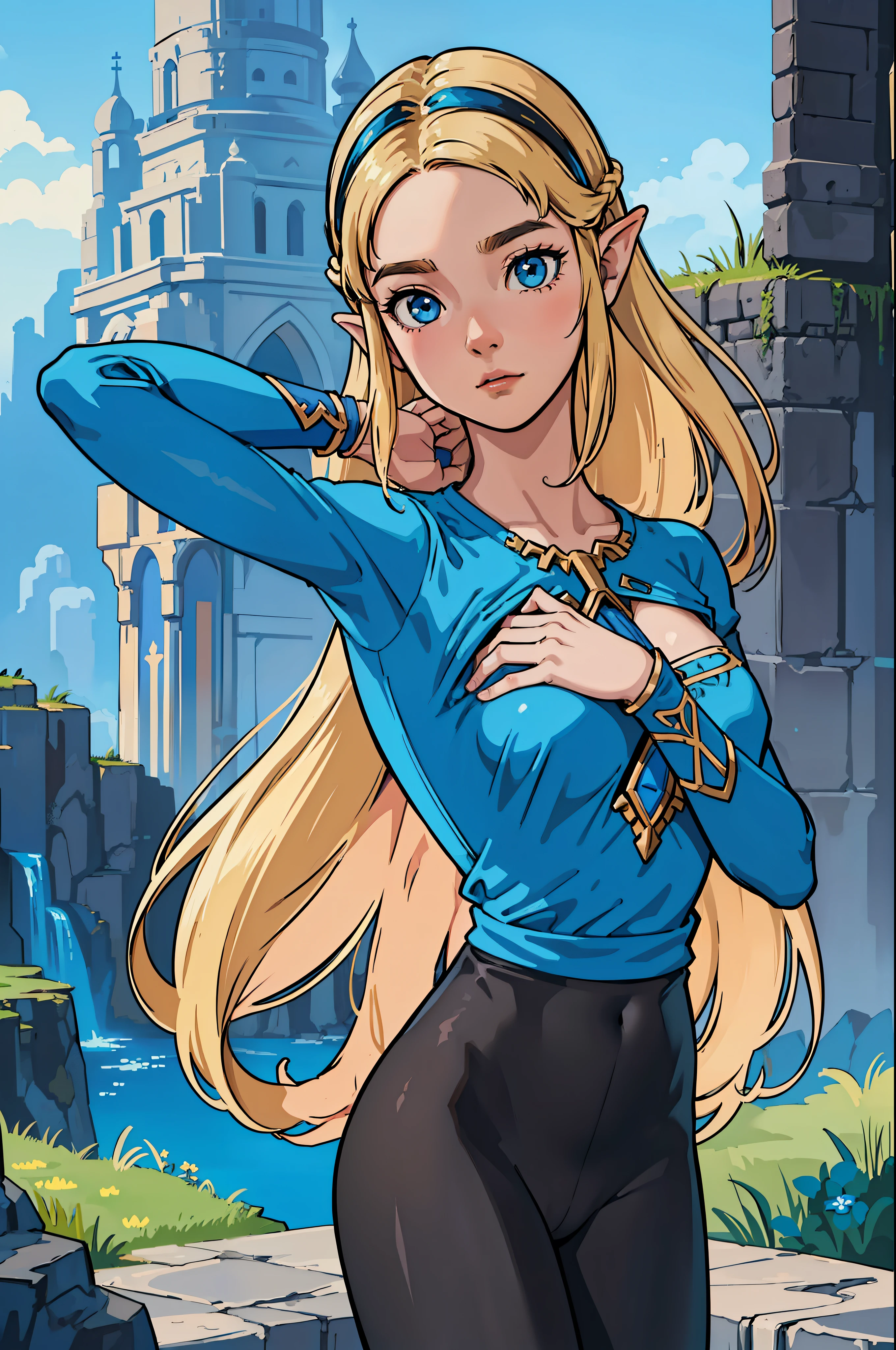 colorful, Princess Zelda, in the style of Breath of the Wild, blue shirt, tight black leggings, blonde hair, long hair, detailed blue eyes, skinny, slim body,hands lifting up her shirt,exposing her breasts and,fantasy scenery,Butt Booster ,(masterpiece,detailed,highres:1.4)