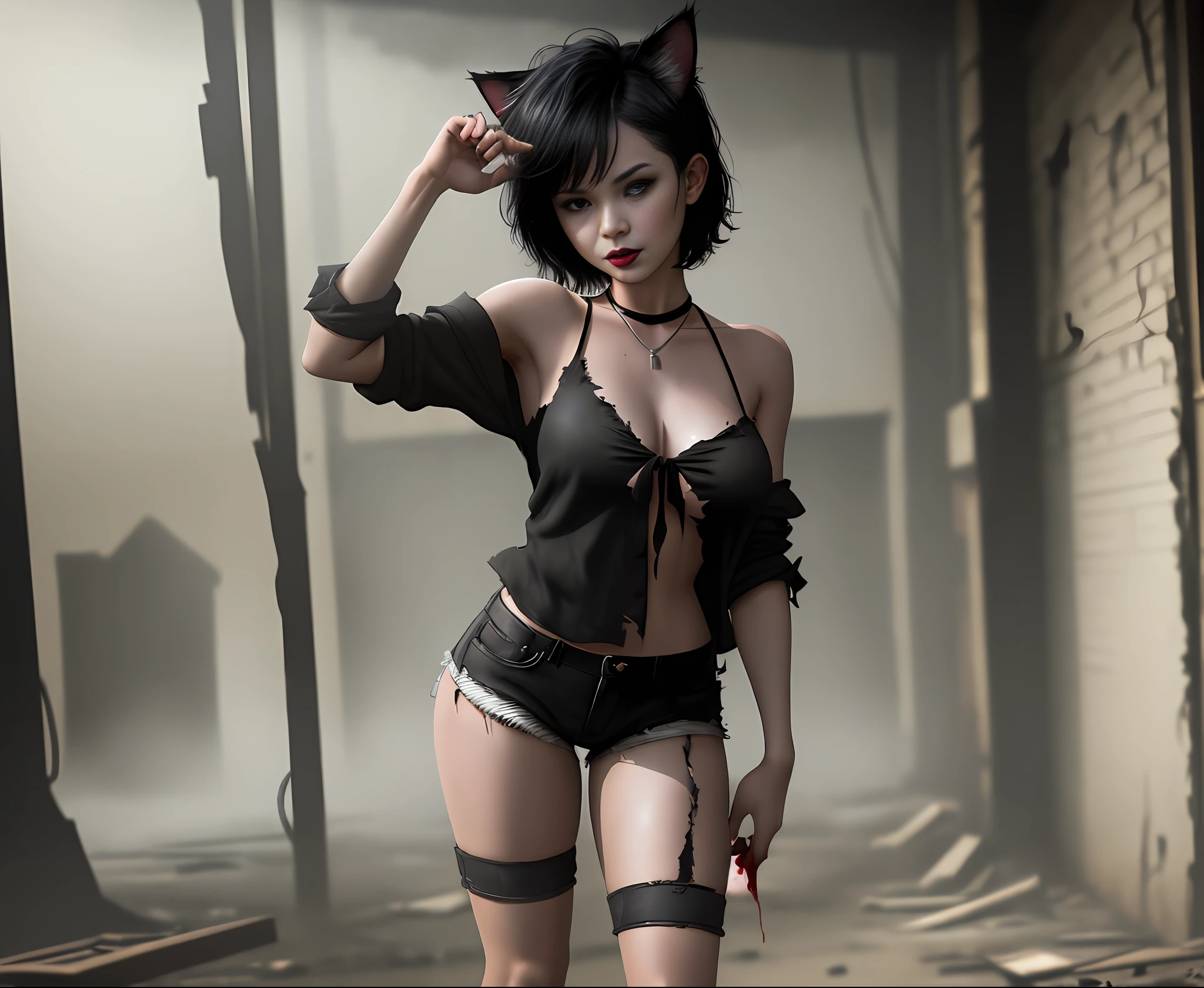 Girl doing bold pose standing, cat ears, seductive, medium breasts, cat syrup, black lipstick, black blouse dropped on the side, short and torn black shorts, black boot, black glove, short black hair, crepe fabric, attractive, all dirty with blood. (Warehouse at night, one in the morning, old and abandoned place, night, dust flying), (ambient lighting, masterpiece, posing for the camera, seducing, depth of field, 4K, 35mm lens, richness of detail). Hollywood Style