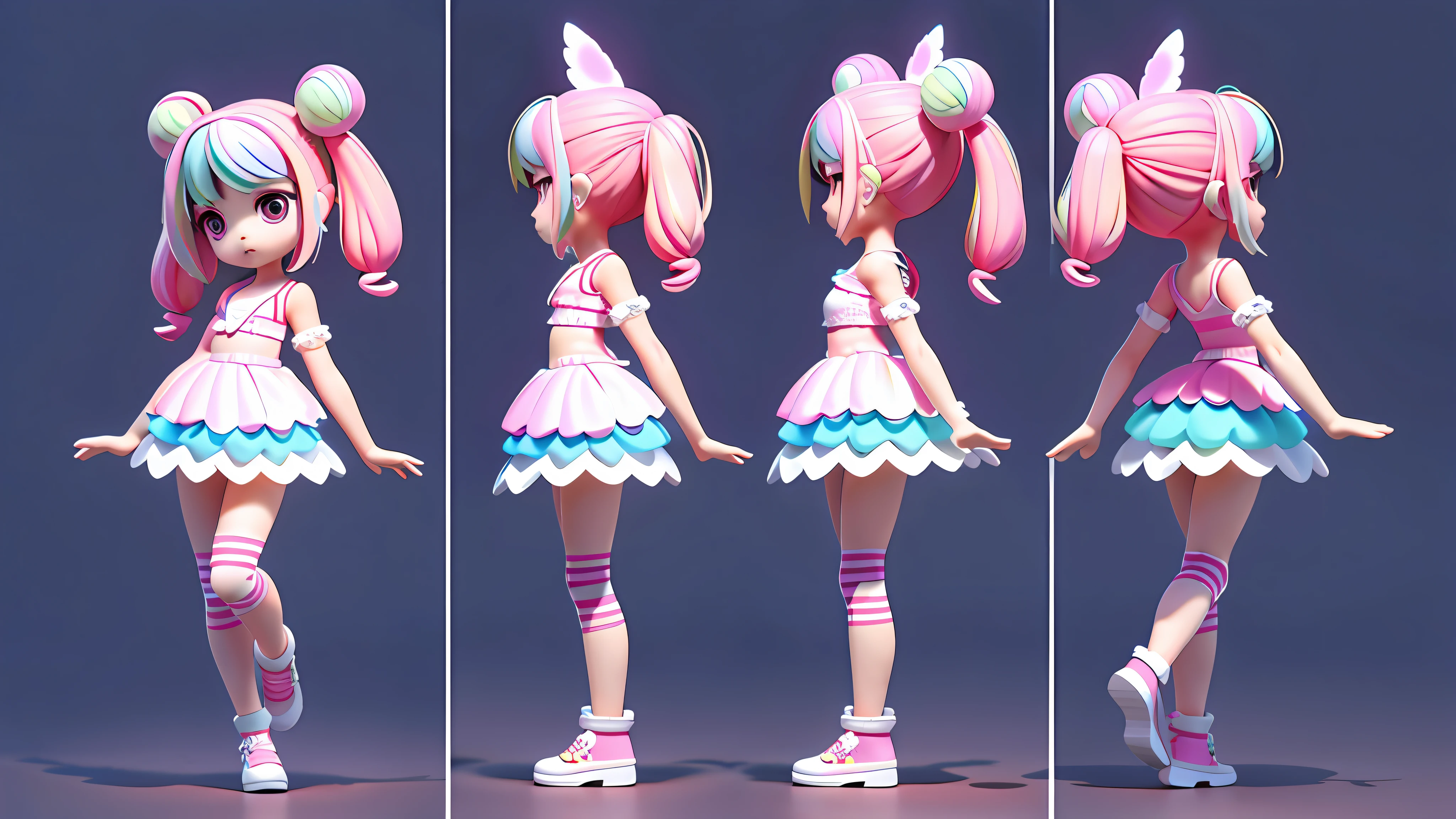 3D toy little girl, exaggerated hair, (whole body) (same word, chibi, front, side, back) 3D hair, petite, pretty eyes, pink gradient big eyes, fluorescent translucent, colorful, plastic, transparent, product design, glowing jelly, delicate cute plastic, delicate light 3d, digital art, translucent plastic bubblegum, close-up, 3d, ultra-detailed, generate front view, side view, rear view triple view, borderless, c4d, octane rendering, blender, hd, full body, simple background! detailed plastic materials,
Warming up