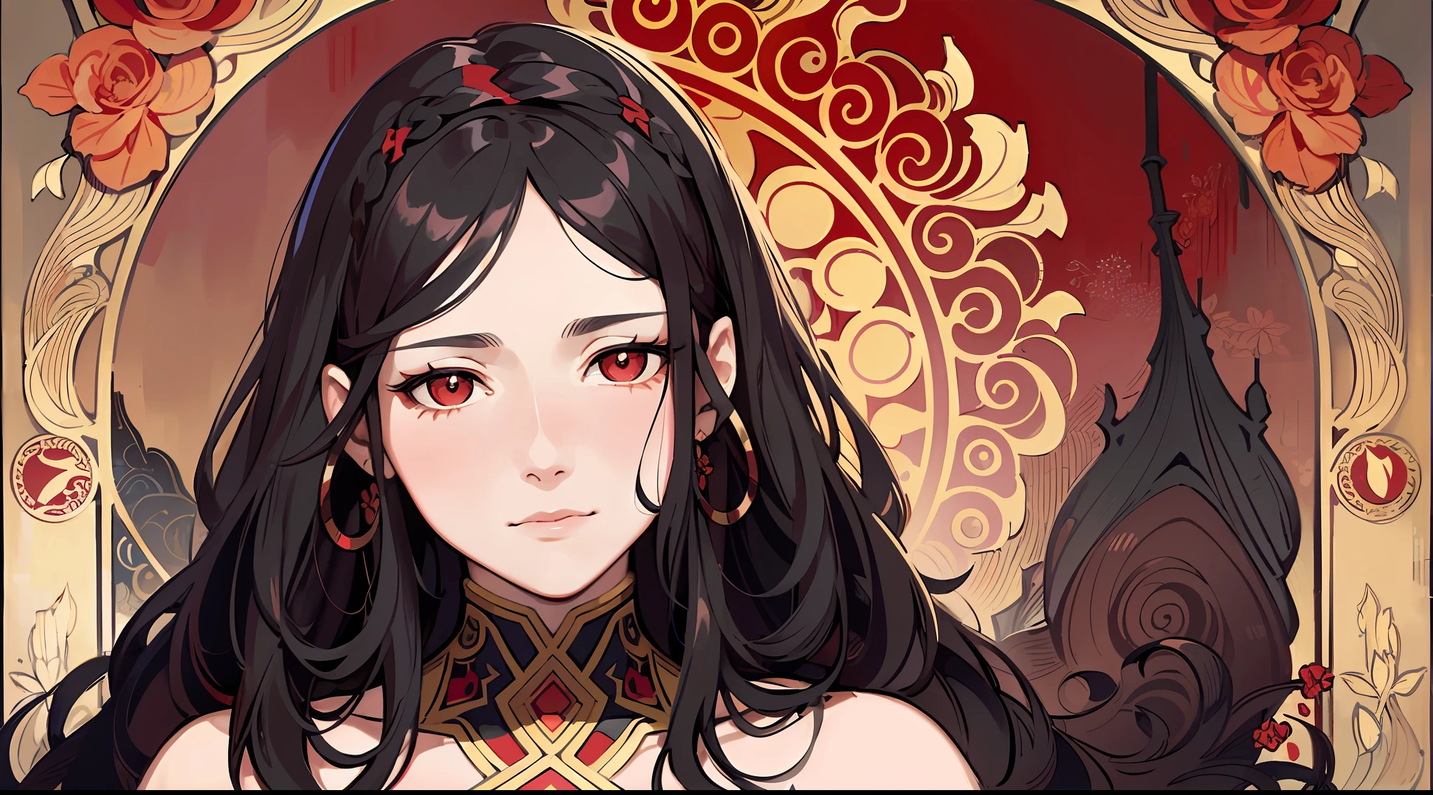 Portrait of the face of a European woman, long curly hair, black, red eyes, red floral frame, decorative panels, abstract
photorealistic, artistic, by Alphonse Mucha
(Masterpiece, best quality, Highres: 1.4), detailed, intricate details, 4K, color splashes, line art, fibonacci,