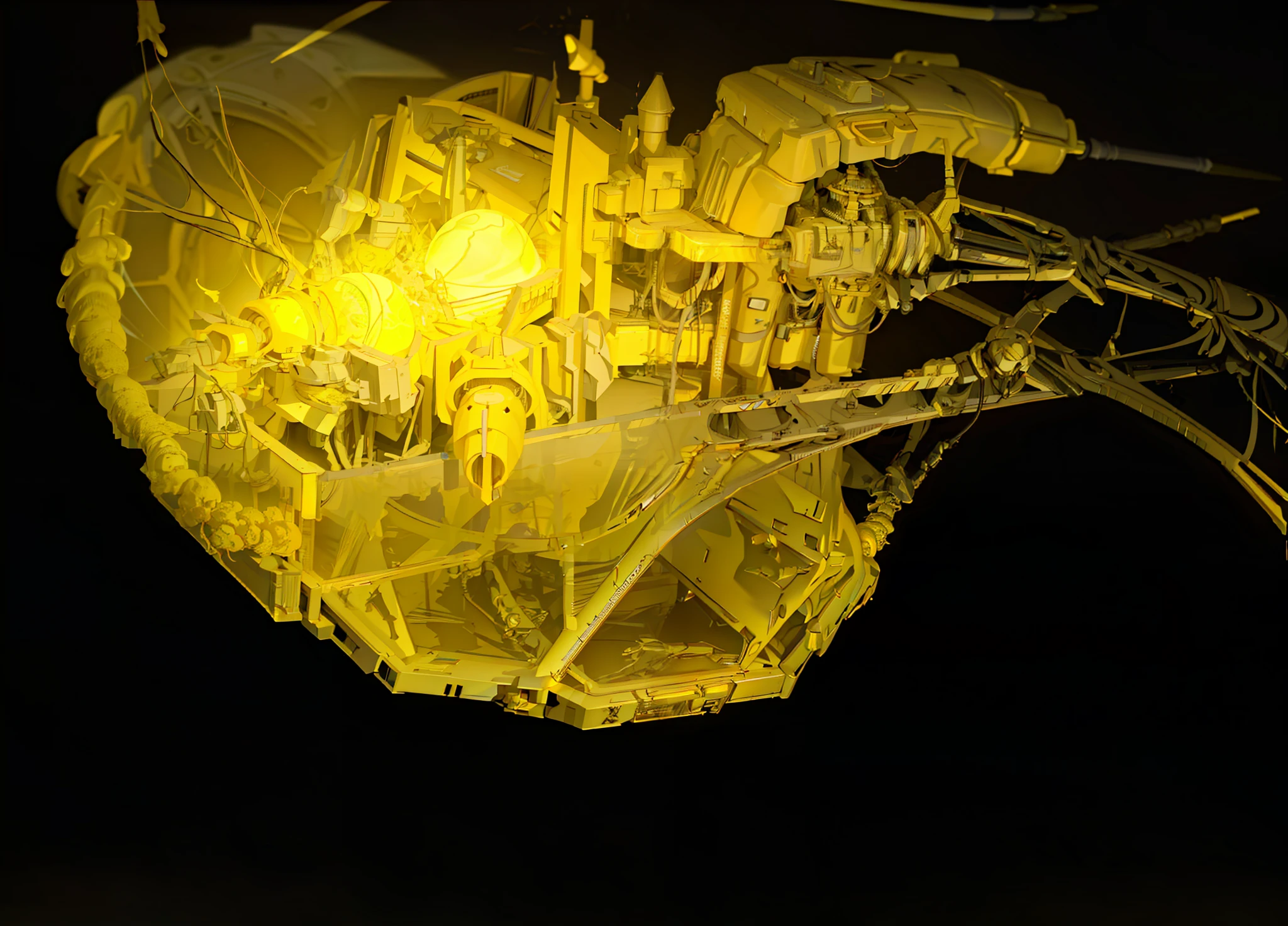 Yellow jellyfish, light on the back, detailed crashed spaceship, highly detailed melted wax, luminescence, highly detailed, yellow artificial lighting, made of glowing wax and ceramics, some of its parts glow, melting spacecraft, subsurface scattering, subsurface scattering, yellow illumination from right, subsurface scattering, hard surface model, futuristic spaceship with large engine, spaceship concept art, Nicolas Bouvier Spart, detailed spaceship, original concept art, abandoned spaceship,, spaceship design, spass style, prominent keel mounted railgun, sharp design spaceship, concept art-h 640, industrial human spaceship, high detail concept art, sci-fi spaceship, high quality, many details, high definition, high quality, masterpiece