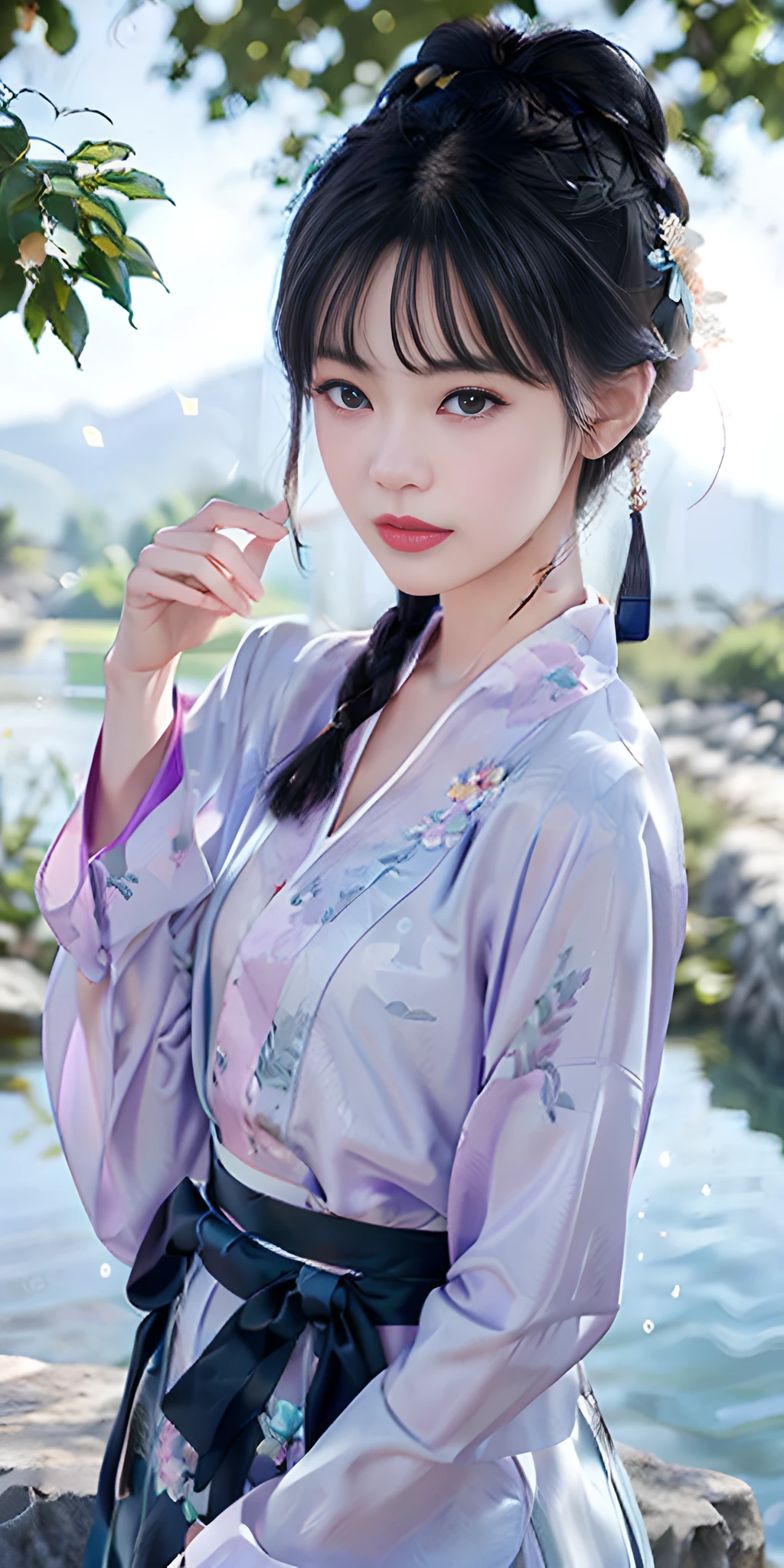 Asian woman in purple dress posing for photo by river, hanfu, palace, hanfu girl, beautiful image, , ancient Chinese costume, gorgeous chinese model, chinese girl