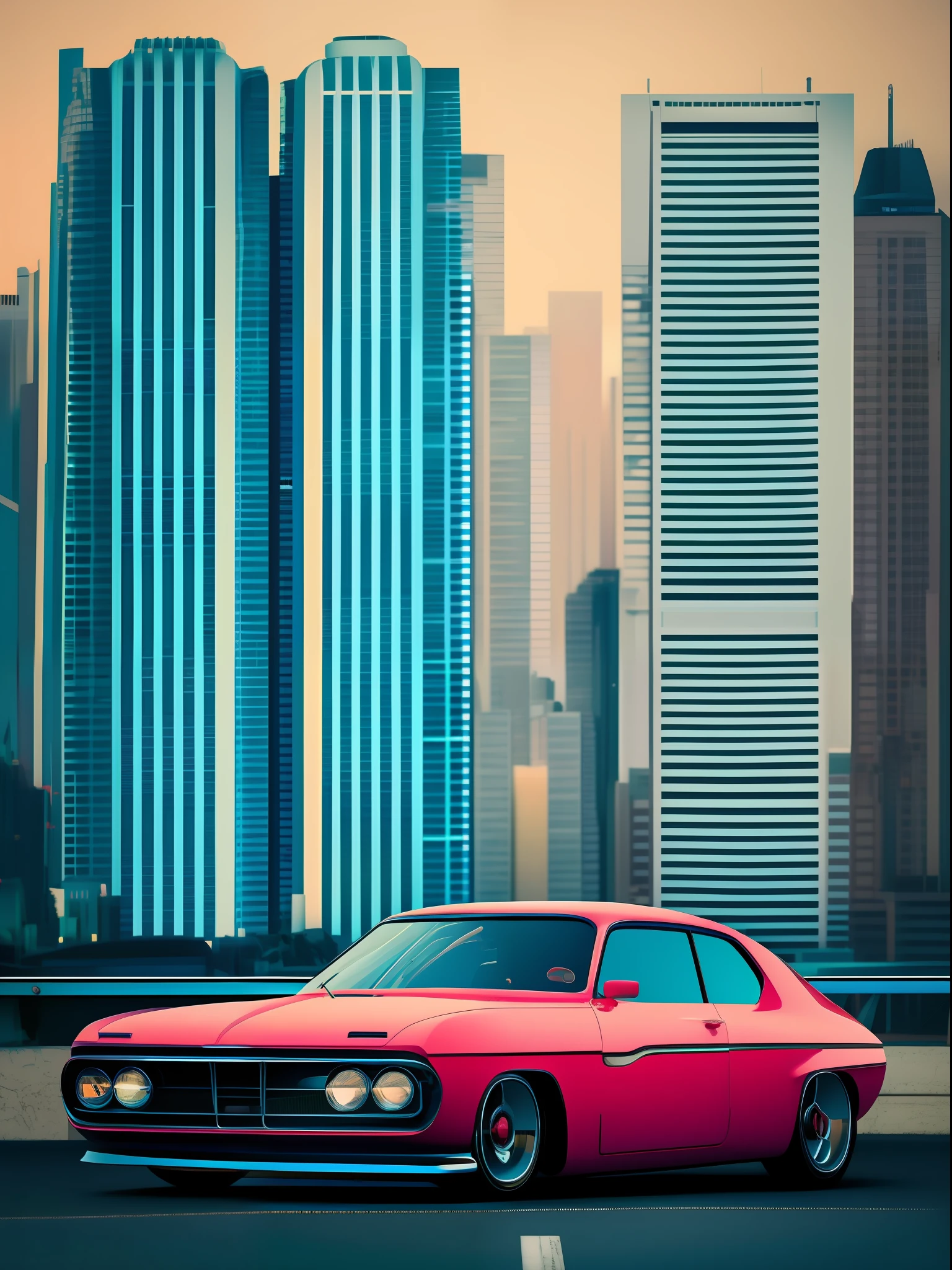 futuristic retro car parked with a city in the background, car in the center of the photo, retro neon, retrowave art, simplistic
