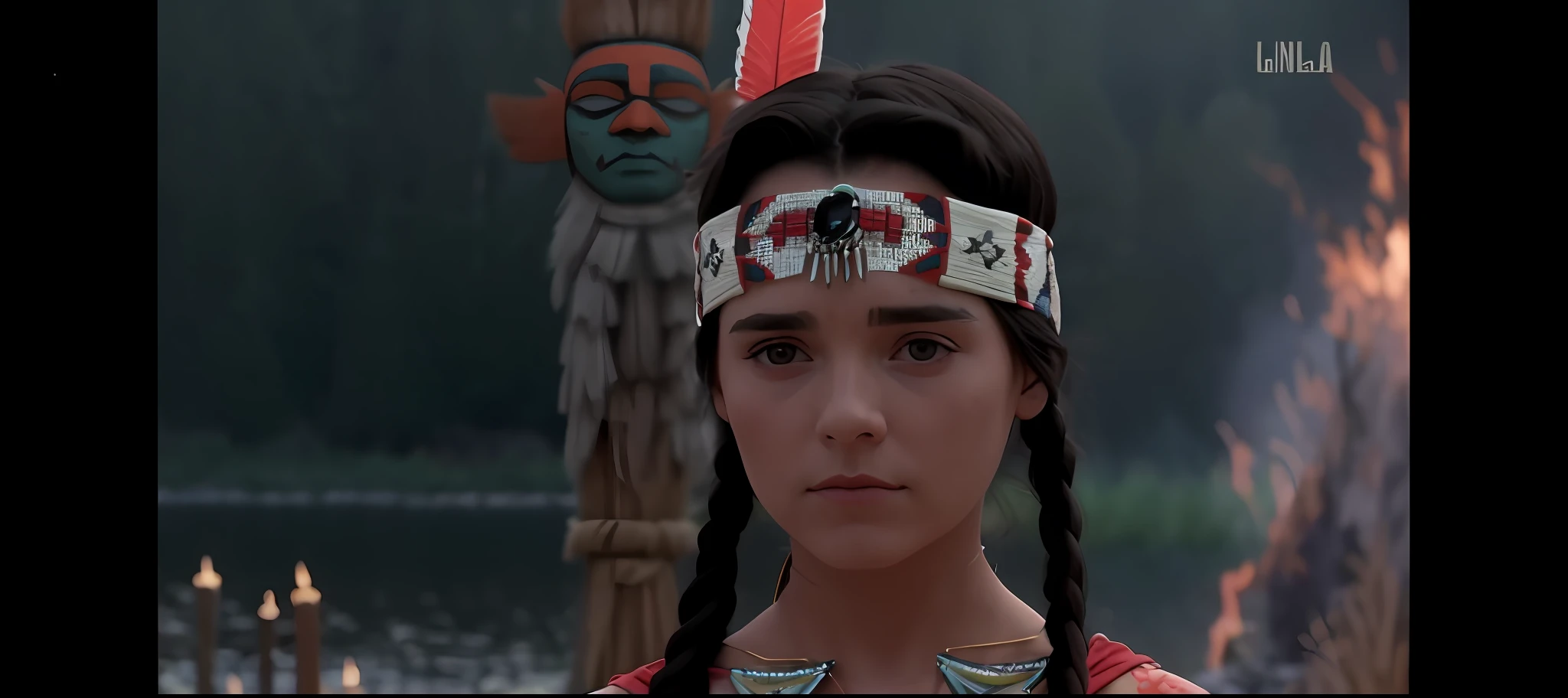 a close up of a person wearing a headdress and a native style headdress, wearing a native american choker, 1995 movie, from scene from twin peaks, wednesday addams, from a scene from twin peaks, still from a fantasy movie, clean from scene from twin peaks, movie still of aztec cyborg, in scene in twin peaks, young jennifer connelly