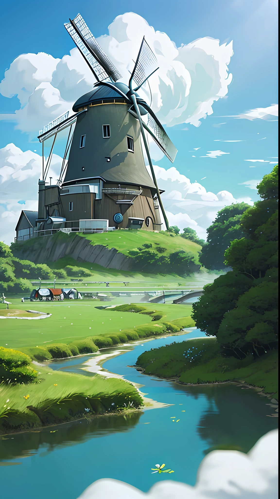 Realism + Studio Ghibli Miyazaki style, grassland stream, blue sky and white clouds, windmill house with life in the distance, high-definition details, full of natural atmosphere.