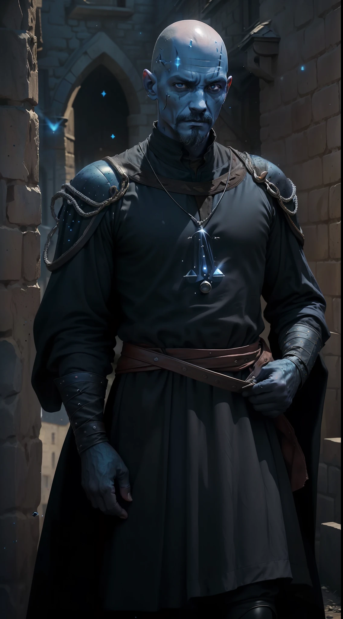 A man, (((soil)))), (50 years old, middle-aged, blue skinned, with small luminous dots on the skin like stars, black eyes, bald shaved hair, black goatee), (a magician, wears black and red magistrate's clothes, has an evil look), (is in a square in a medieval town), RPG wizard