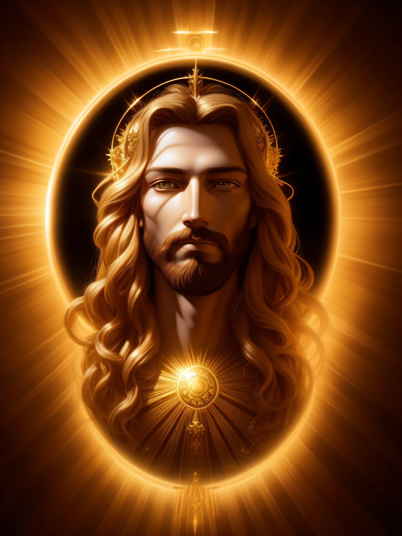 highly detailed portrait of a jesus christ sun god halo of light, gold, unreal engine, art by mark ryden, lostfish, earl norem, global illumination, god rays, detailed and intricate environment, elden ring style