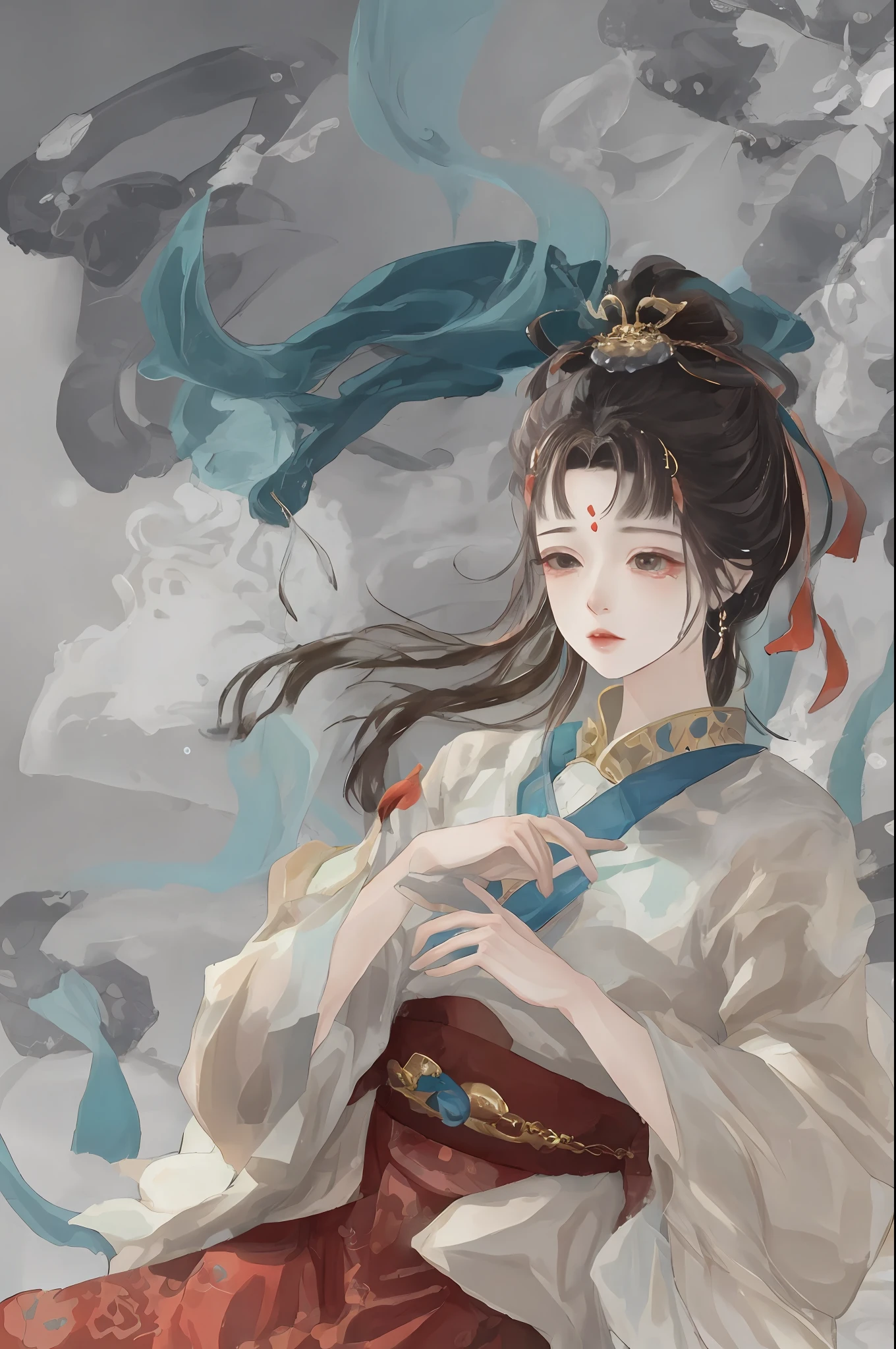 Sitting on a stone, wearing mythical Ryukyuan clothes, flowing tulle, light silk, lazy posture, large lotus leaf, lotus, ink painting style, pretty color, definitive cut, blank, freehand, masterpiece, super detailed, magnificent composition, high quality, highest quality, 4k --v 6