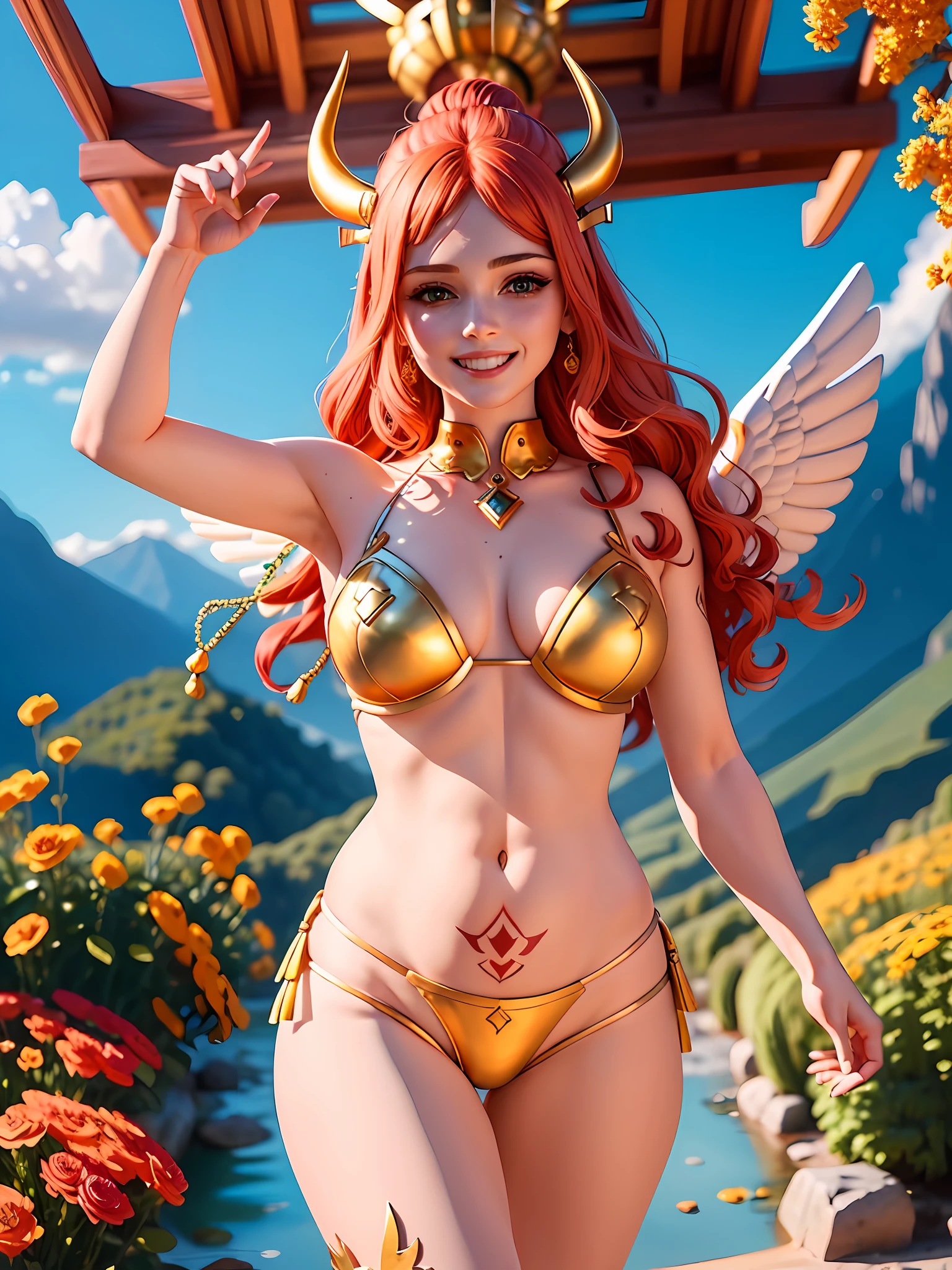 Hand-drawn illustration of a handsome angel with red hair, green eyes, symmetrical angelic wings, leather armor, halo, illustration, watercolor sketch, (best quality)), detailed intricate, Pakistani, belly out, thick lips with red lipstick, lightly made up and rosy cheeks, female, thin waist, wide hip, thick legs, defined and delicate body, detailed skin, golden tribal tattoo, sunny day, blue sky, rays of sun, brightness, smiling, flowering garden, golden tribal tattoo, shining golden armor with red stones, cheerful, happy, beautiful, whole body, flying, mountains in the background, golden aura, rays and fire, crystals, scorpion tattoo on belly, armor, greek goddess