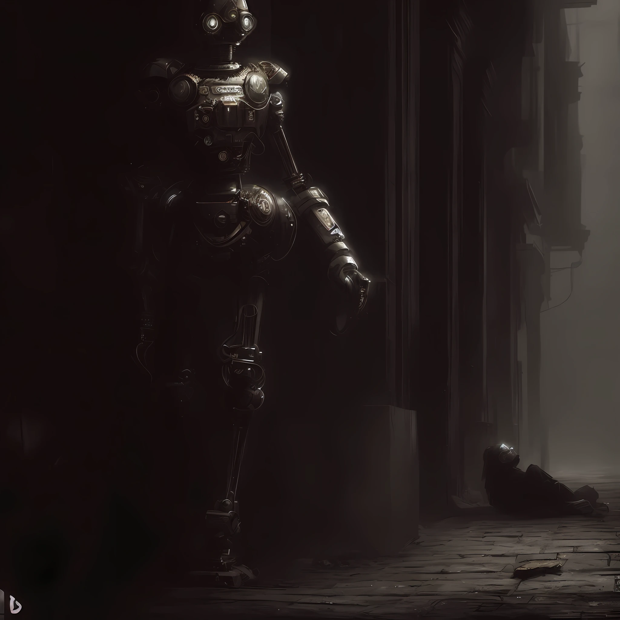 arafed robot standing in a dark alley with a dead person, inspired Victorian sci-fi, photorealistic dark concept art, inspired by Grzegorz Domaradzki, steampunk concept art, stefan koidl inspired, awarded at cgsociety, winner of cgsociety contest, cgsociety 9, dark sci-fi art