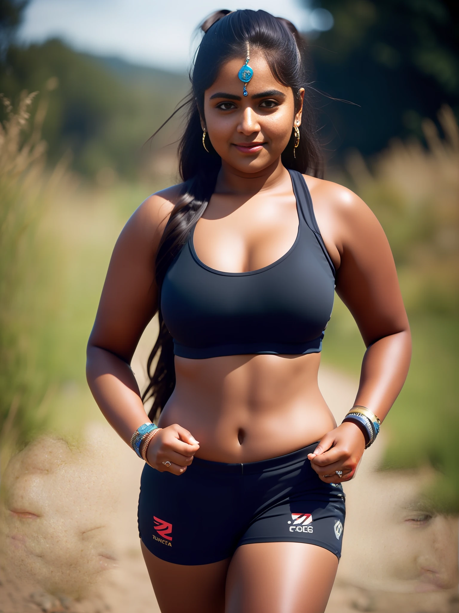 fking_scifi_v2, portrait of a young plumpy very beautiful Indian girl, , hiking, tube top and running shorts, hourglass figure, deep cleavage, knees visible, joy, fun, fking_cinema_v2