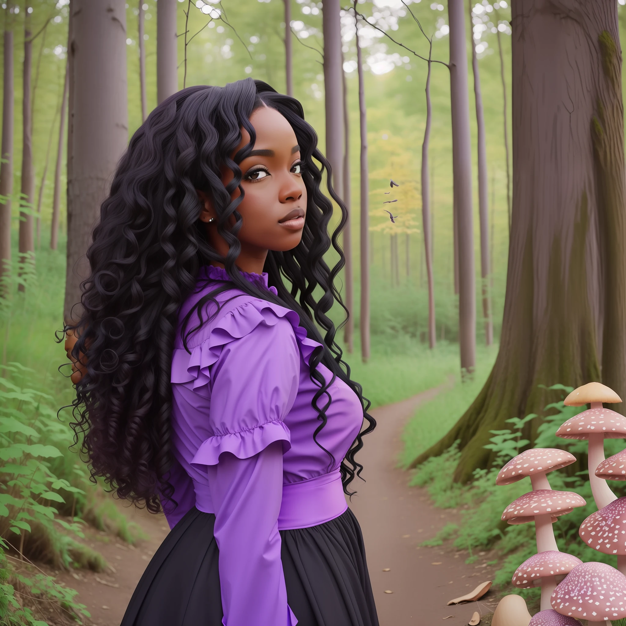 Black woman, long curly black hair, purple and pink dress, scenery with mushrooms --auto --s2