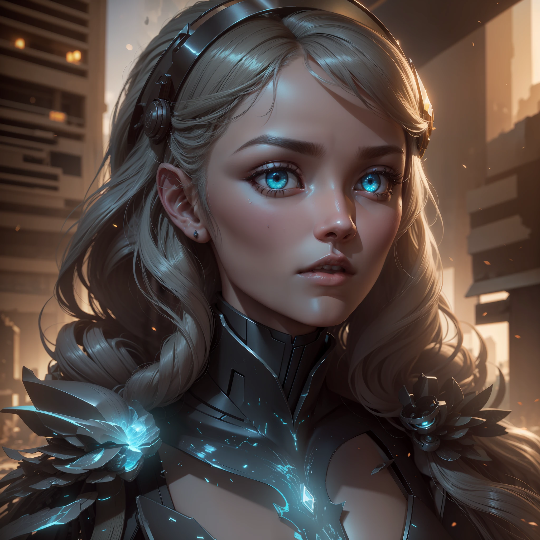 Detailed: 1.3), 3D, Shitu-mecha, Beautiful cyberpunk woman wearing crown with her mecha in ruins of a city in forgotten war, long silver hair, sci-fi technology, HDR (High Dynamic Range), ray tracing, nvidia RTX, super resolution, unreal 5, subsurface scattering, PBR texture, post-processing, anisotropic filtering, depth of field, maximum sharpness and sharpness, multi-layered texture, Albedo and specular mapping, surface shading, accurate simulation of light-material interactions, perfect