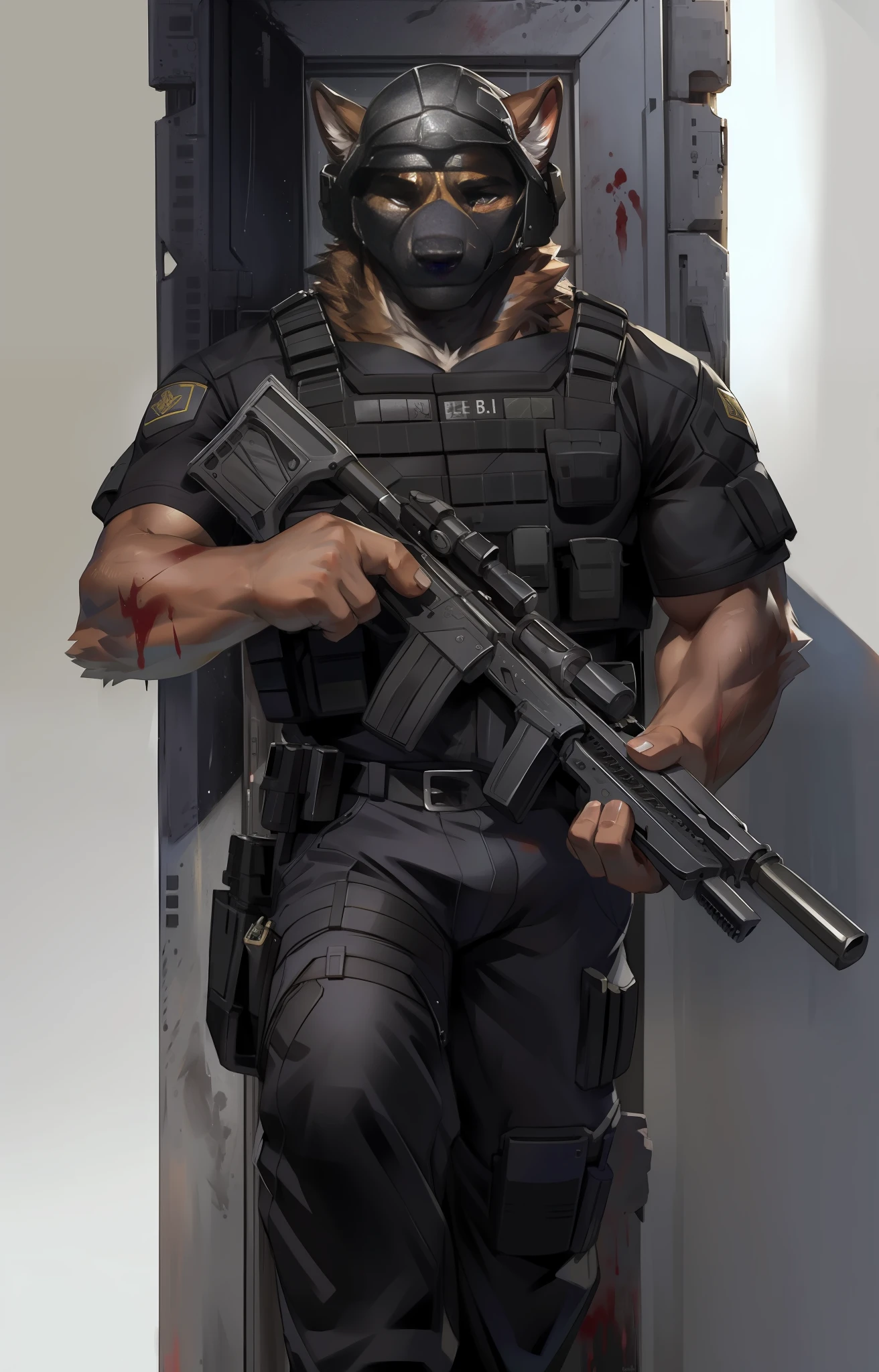 masterpiece, top quality,best quality,front view,male focus,focus on face,beautiful eyes,ultra detailed dog face,detailed eyes,(a german shepherd swat), 1boy, anthro (german shepherd),solo, cop,swat,policeman,stactical equipments, holding weapon,(ultra realistic sniper rifles|(gunstock), (gunbutt)), ((combat helmet)), googles, correct anatomy,perfect hands,male, muscular,swat uniform, black police uniform shirt, (uniform pants) ,brown|black fluffy fur,fluffy ears,muscular anthro,abs injured,red blood on face, muscular male,confident, aged up, hi res, scattered stactical equipment:1.2, hd, extreme detail, detailed background, wet,dark dungeon,blood pool, by Pino Daeni, (by ruaidri), by virtyalfobo,realistic rendering, photography, background,by inessa garmash, greg rutkowski,by pino daeni, ruan jia,