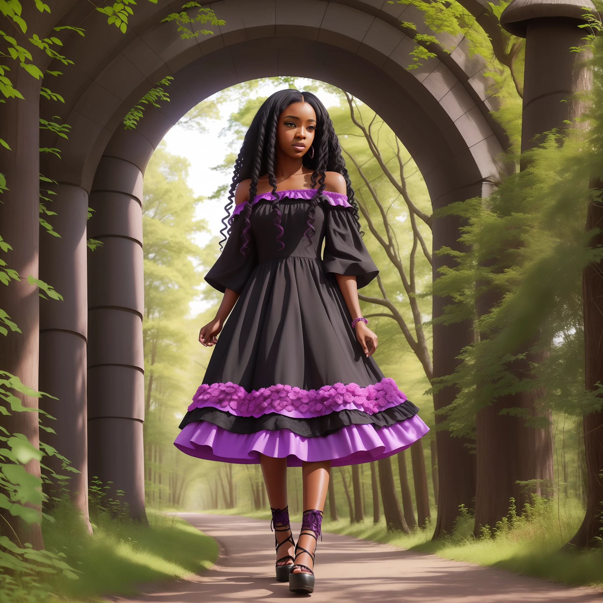 Black woman, long curly black hair, purple and pink dress, scenery with mushrooms --auto --s2