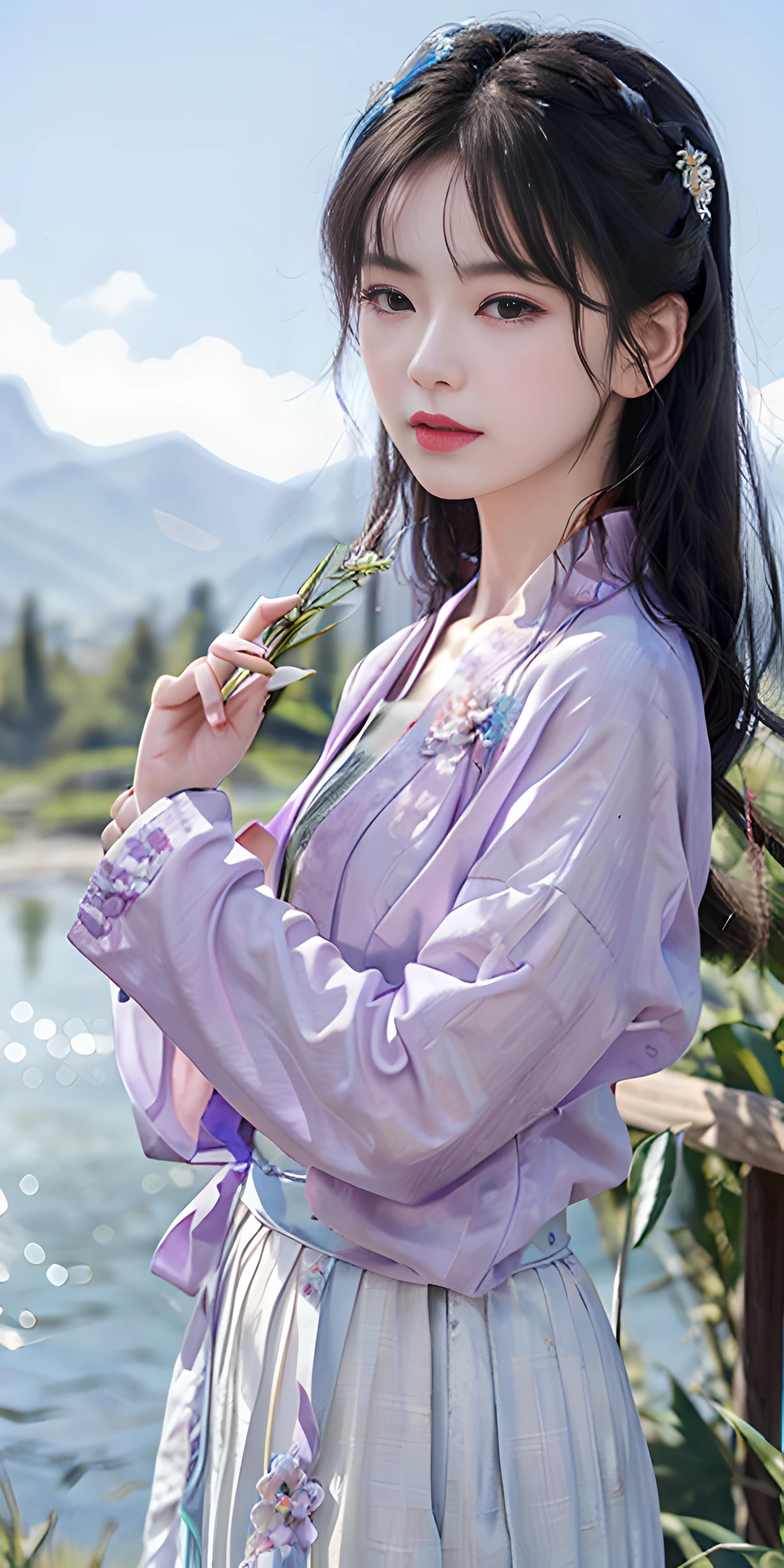 masterpiece, black_hair, 1 girl, looking at the audience, long_hair, nail_polish, solo, ancient art, Chinese,(8k, best quality, masterpiece:1.2), (realistic, realistic:1.2), (background sky: 1.2), (face close-up: 1.7), looking at the audience, hanfu, 1girl, (purple flower pine ink: 1.1), face close-up, detailed face, hanfu, song, long shan, pleated skirt，cinematic lighting, motion blur, ray tracing, god rays, bloom, drop shadow, close-up, lens flare, UHD, masterpiece, ccurate, anatomically correct, textured skin, super detail, high details, high quality, award winning, best quality, highres, 16k, HD, face close-up, close-up, close-up, accurate, correct hand, (anatomically correct: 1.5),