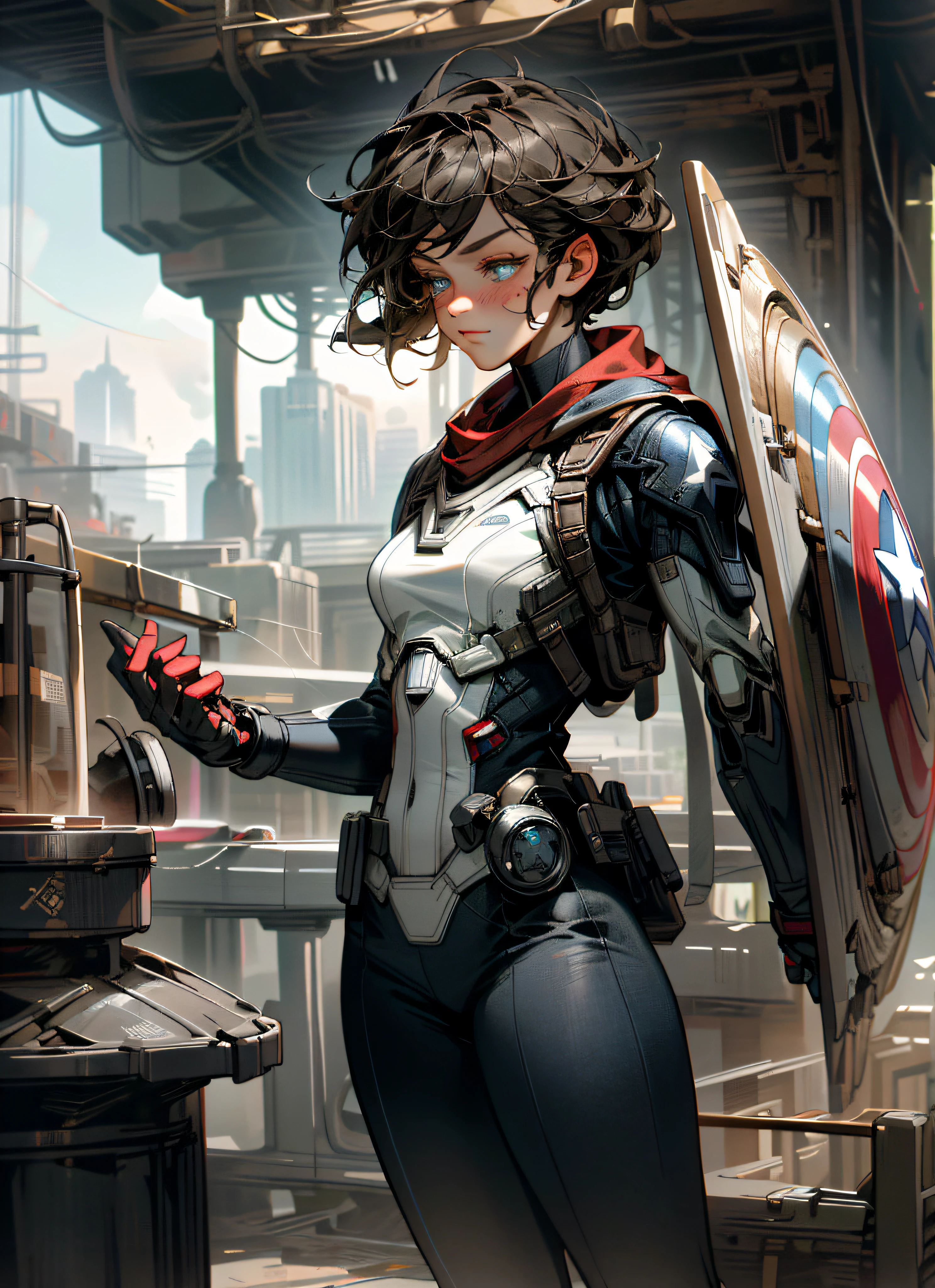 (1girl:1.3), Solo, (((Very detailed face)))), ((Very detailed eyes and face)))), Beautiful detail eyes, Body parts__, Official art, Unified 8k wallpaper, Super detailed, beautiful and beautiful, beautiful, masterpiece, best quality, original, masterpiece, super fine photo, best quality, super high resolution, realistic realism, sunlight, full body portrait, amazing beauty, dynamic pose, delicate face, vibrant eyes, (from the front), She is wearing a Captain America suit, red and blue color scheme, holding Captain America's iconic shield in her left hand, very detailed city roof background, rooftop, overlooking the city, detailed face, detailed complex busy background, gorgeous, milky white, highly detailed skin, realistic skin details, visible pores, clear focus, volumetric fog, 8k uhd, DSLR, high quality, film grain, fair skin, photo realism, lomography, futuristic dystopian giant metropolis, semitransparent
