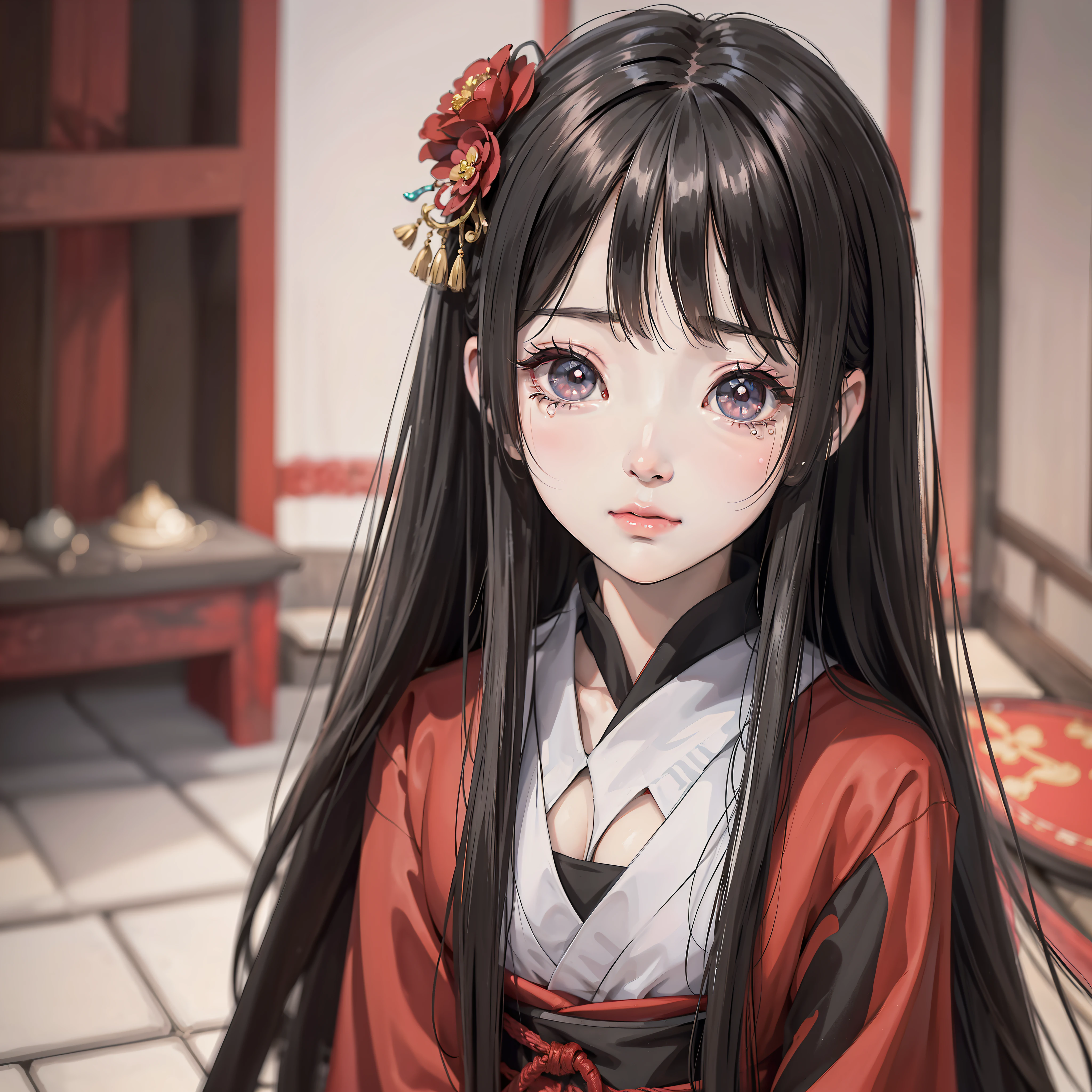 Anime girl with long black hair and about 10 yeang red Hanfu, red flower 1.3 (crying expression 1.5) (tears 1.5) (background is ancient Chinese room 1.5) anime style 4 K, anime rendering, Guvez style artwork, anime style. 8k, Guvitz, Beautiful Anime Girl, Beautiful Anime Face, Cute Anime Girl (Pure Big Eyes 1.5) (Upper Body Display 1.5) (Crystal Beautiful Eyes 1.5) (Poor Milk 1.3) (Baby Little Girl 1tic Lighting 1.5)