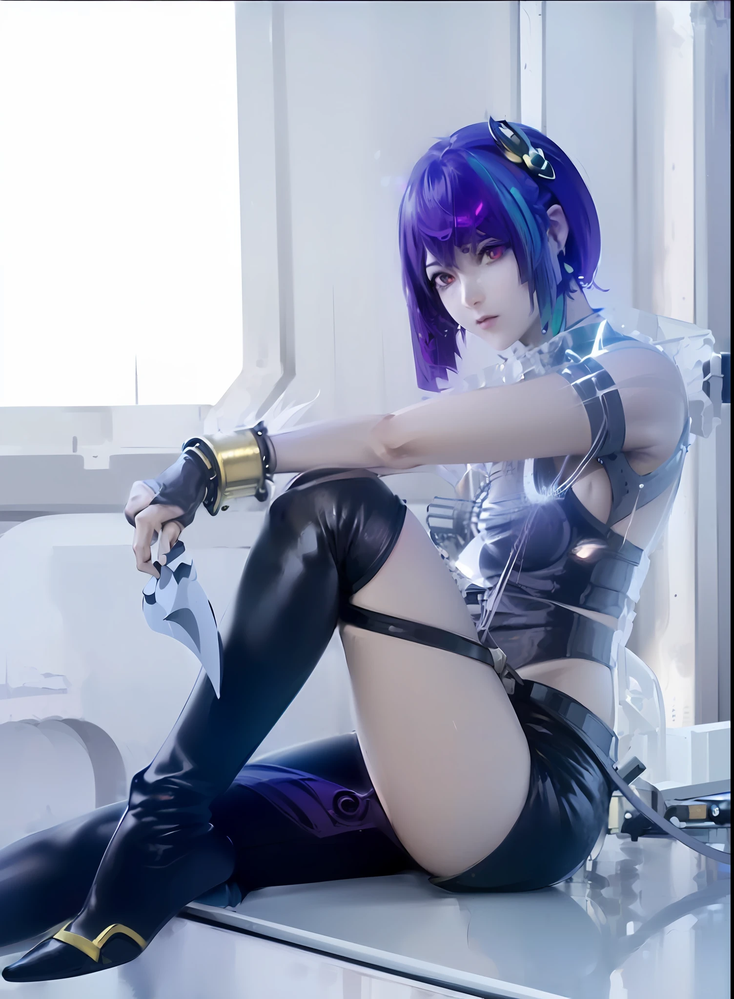 ((((Anime RPG + Female Cyberpunk Anime Girl + Motoko Kusanagi + Anime Cyberpunk + Full RPG + Cyberpunk Anime Girl + Ayaka RPG + RPG + KDA + Misaki Tosato + 2 B + 2B + Assassin + Glamorous RPG)): 1.2), red-eyed, sitting on a table with purple hair, holding a dagger, with firm eyes.