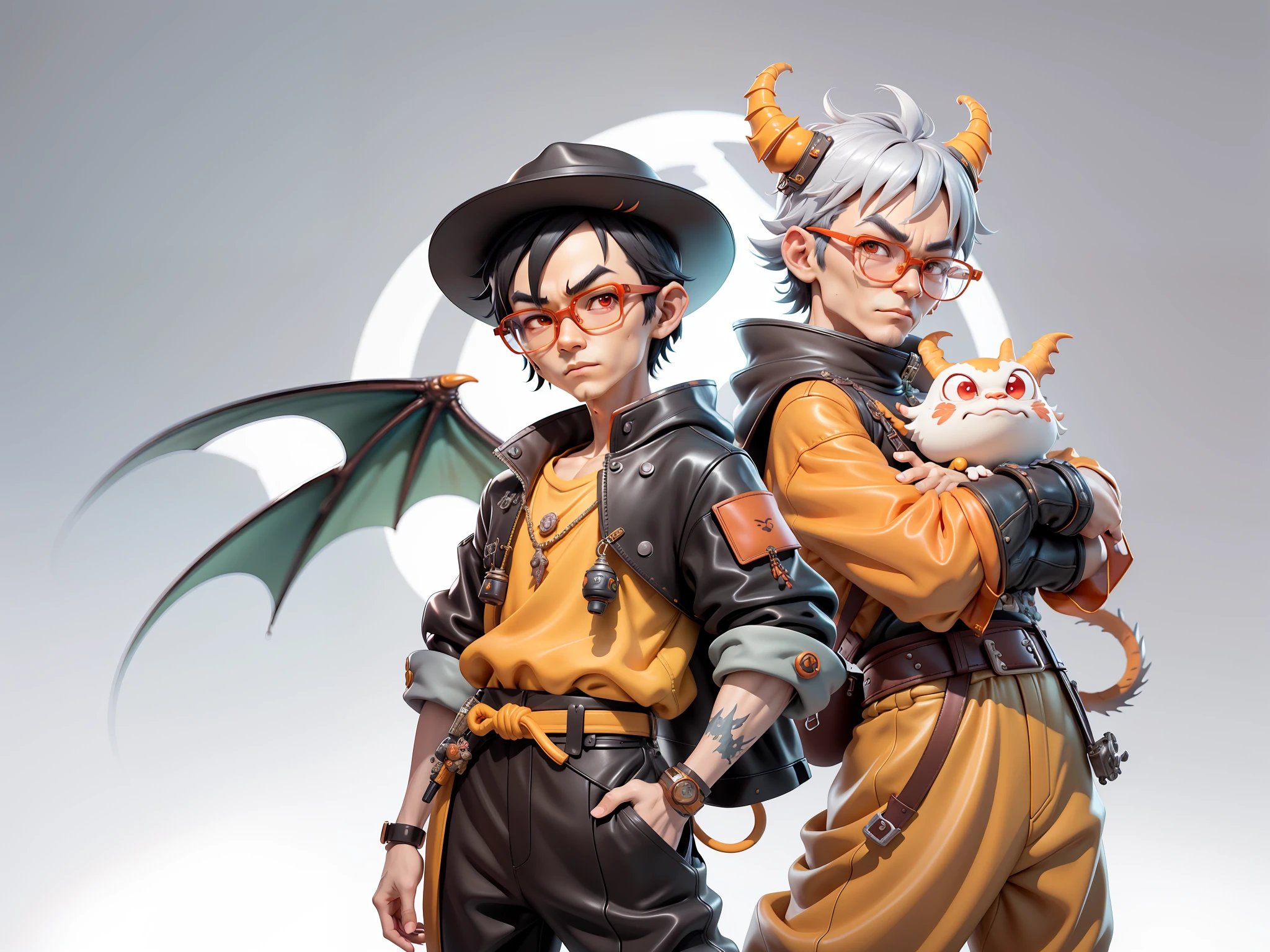 Young man with oriental face wearing leather hat wearing dragon shirt Tang costume, short black hair, silver glasses, digital painting, 3D character design by Mark Clairedon and Pixar and Hayao Miyazaki and Akira Toriyama, the illustration is a high-definition illustration in 4K resolution with very detailed facial features and cartoon-style visuals.