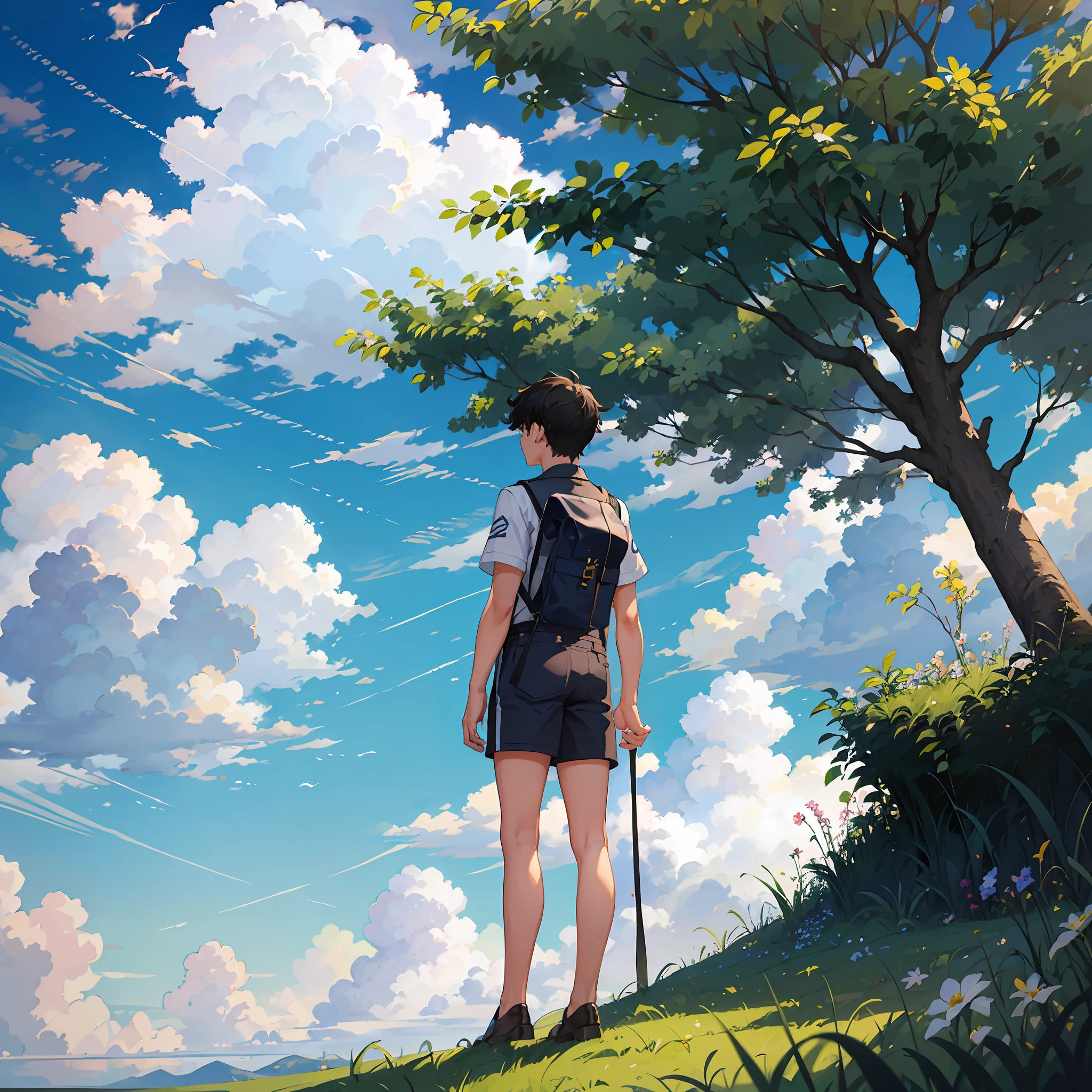 Highest quality, masterpiece, blue sky and white clouds and grass, wide perspective, a teenager standing on the grass, his back facing the screen, a lot of details --auto --s2