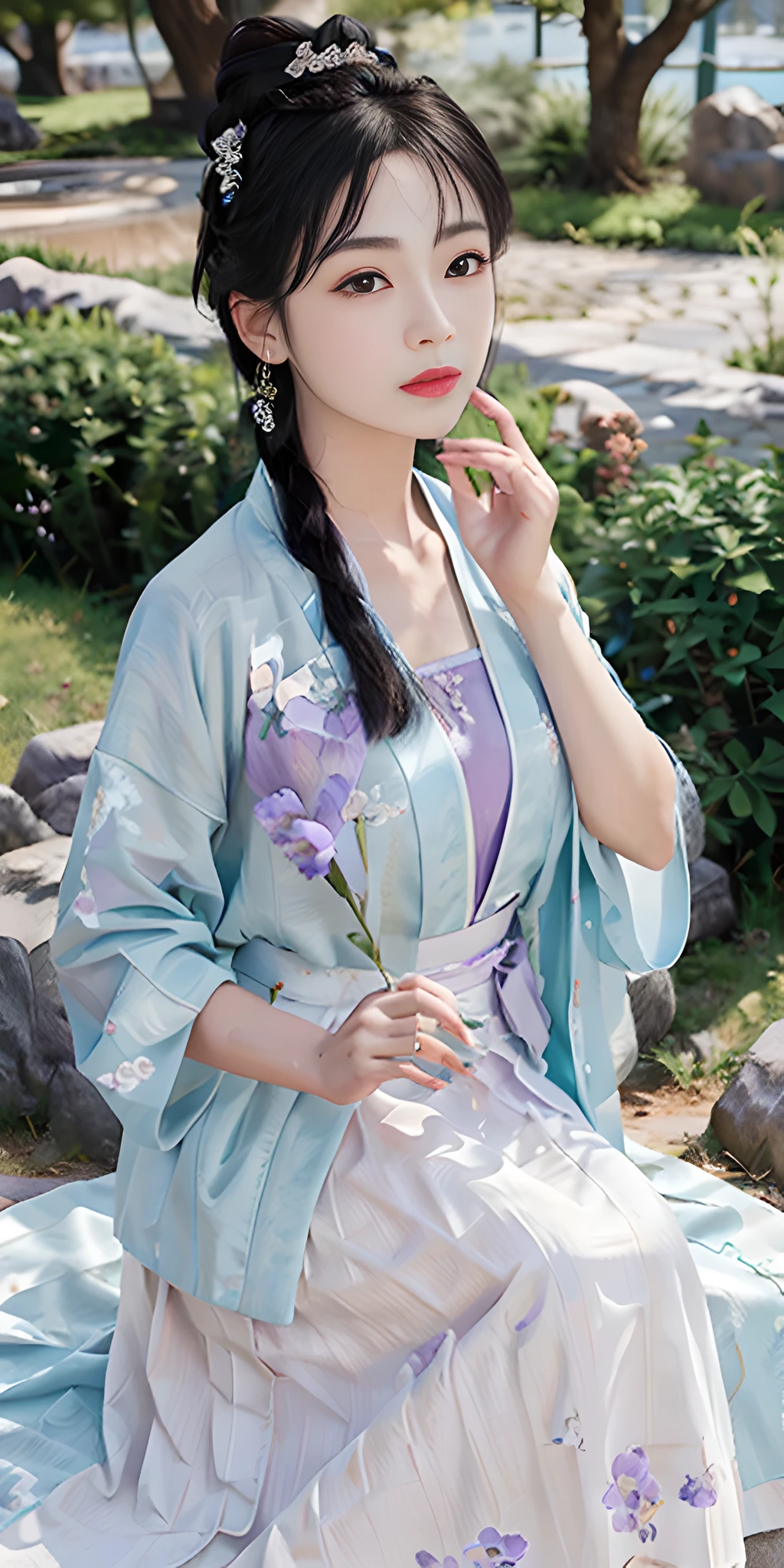 masterpiece, black_hair, 1 girl, looking at the audience, long_hair, nail_polish, solo, ancient art, Chinese,(8k, best quality, masterpiece:1.2), (realistic, realistic:1.2), (background sky: 1.2), (face close-up: 1.7), looking at the audience, hanfu, 1girl, (purple flower pine ink: 1.1), face close-up, detailed face, hanfu, song, long shan, pleated skirt,cinematic lighting, motion blur, ray tracing, god rays, bloom, drop shadow, close-up, lens flare, UHD, masterpiece, ccurate, anatomically correct, textured skin, super detail, high details, high quality, award winning, best quality, highres, 16k, HD, face close-up, close-up, close-up, accurate, correct hand, (anatomically correct: 1.5),