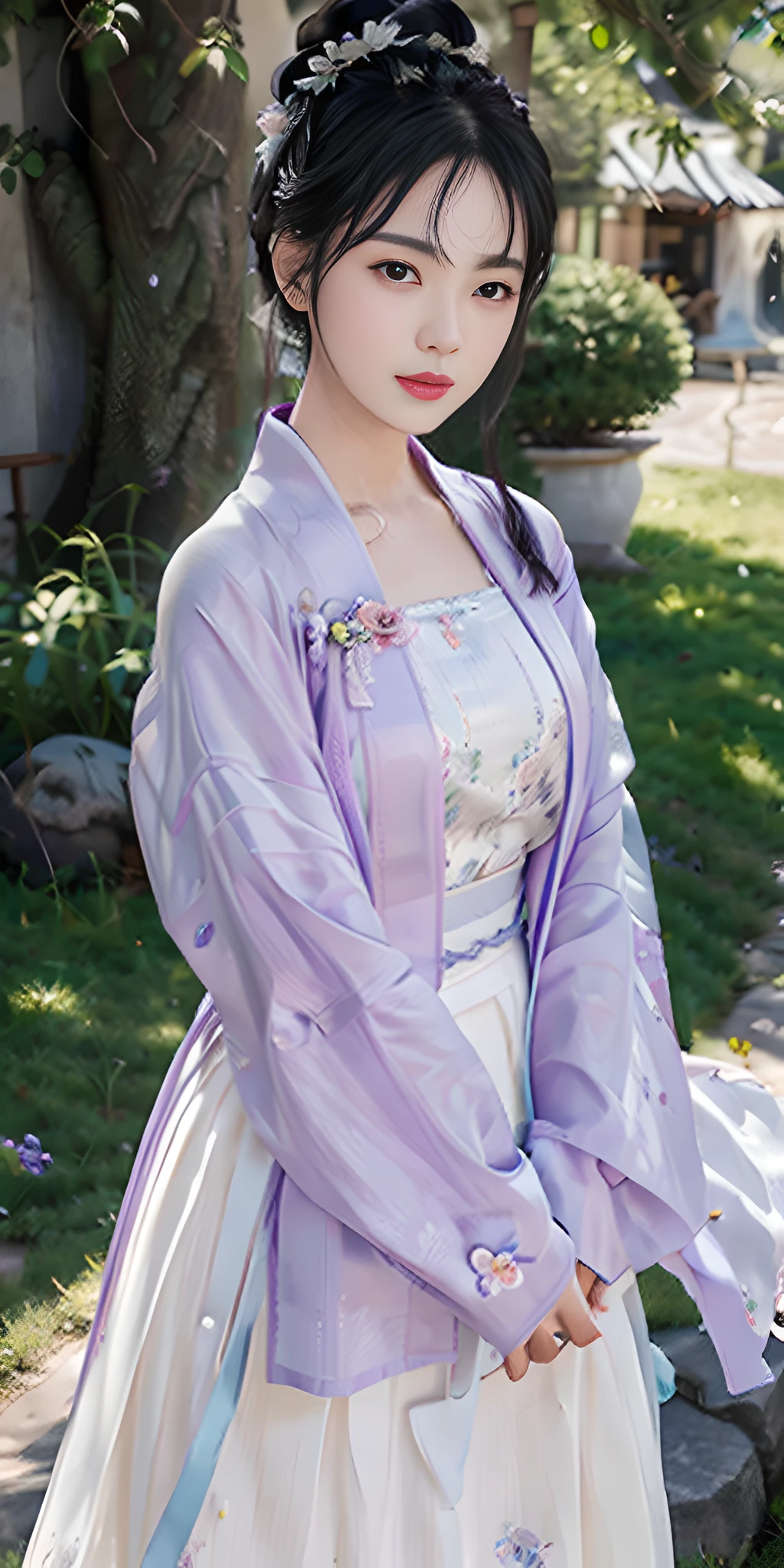 masterpiece, black_hair, 1 girl, looking at the audience, long_hair, nail_polish, solo, ancient art, Chinese,(8k, best quality, masterpiece:1.2), (realistic, realistic:1.2), (background sky: 1.2), (face close-up: 1.7), looking at the audience, hanfu, 1girl, (purple flower pine ink: 1.1), face close-up, detailed face, hanfu, song, long shan, pleated skirt,cinematic lighting, motion blur, ray tracing, god rays, bloom, drop shadow, close-up, lens flare, UHD, masterpiece, ccurate, anatomically correct, textured skin, super detail, high details, high quality, award winning, best quality, highres, 16k, HD, face close-up, close-up, close-up, accurate, correct hand, (anatomically correct: 1.5),