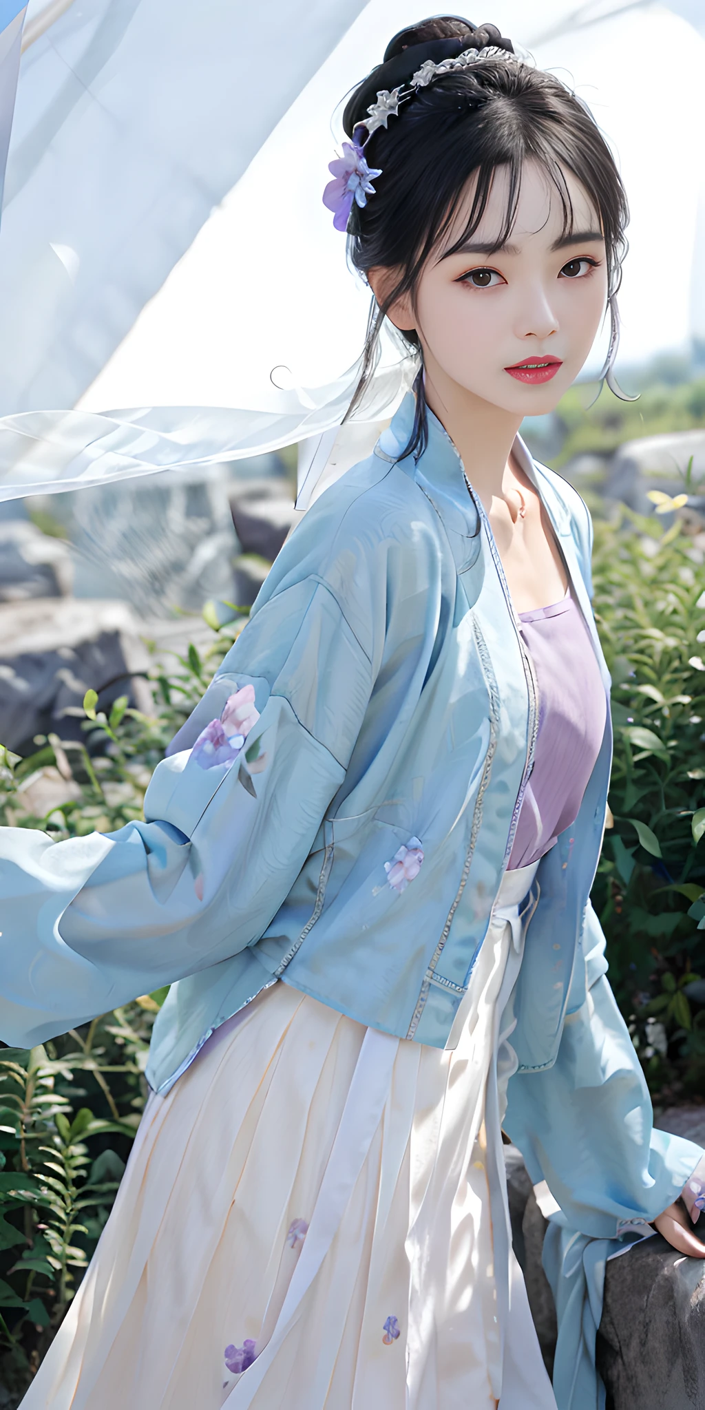 masterpiece, black_hair, 1 girl, looking at the audience, long_hair, nail_polish, solo, ancient art, Chinese,(8k, best quality, masterpiece:1.2), (realistic, realistic:1.2), (background sky: 1.2), (face close-up: 1.7), looking at the audience, hanfu, 1girl, (purple flower pine ink: 1.1), face close-up, detailed face, hanfu, song, long shan, pleated skirt,cinematic lighting, motion blur, ray tracing, god rays, bloom, drop shadow, close-up, lens flare, UHD, masterpiece, ccurate, anatomically correct, textured skin, super detail, high details, high quality, award winning, best quality, highres, 16k, HD, face close-up, close-up, close-up, accurate, correct hand, (anatomically correct: 1.5),