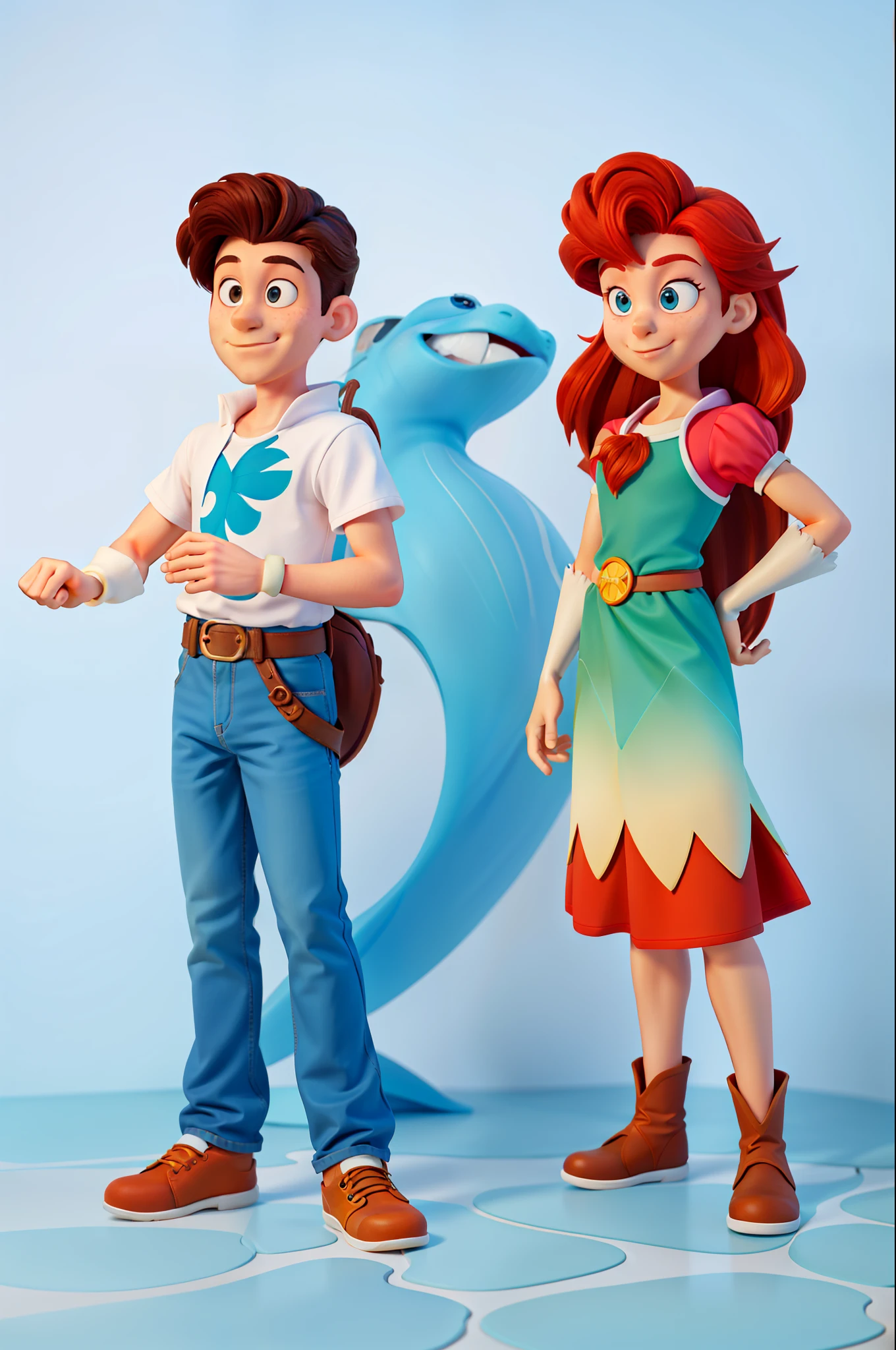 Image on white Pixar background of Prince Eric next to The Little Mermaid Ariel, standing side by side, full body images, filtered image, full body image, Ariel the little mermaid, full body commission for, full body illustration, cel shaded, cel shaded!!!, full body image, brown boy and red-haired girl, cel-shaded: 17, cel shaded: 15, Disney rendering, flat shaded cel