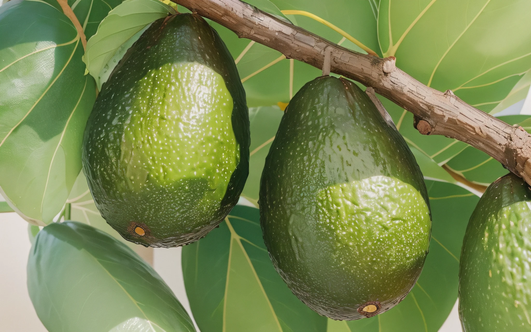 Two large avocados hanging from a tree (sleek), hand painted, watercolored, richly colored, (high detail: 1.2) --auto --s2