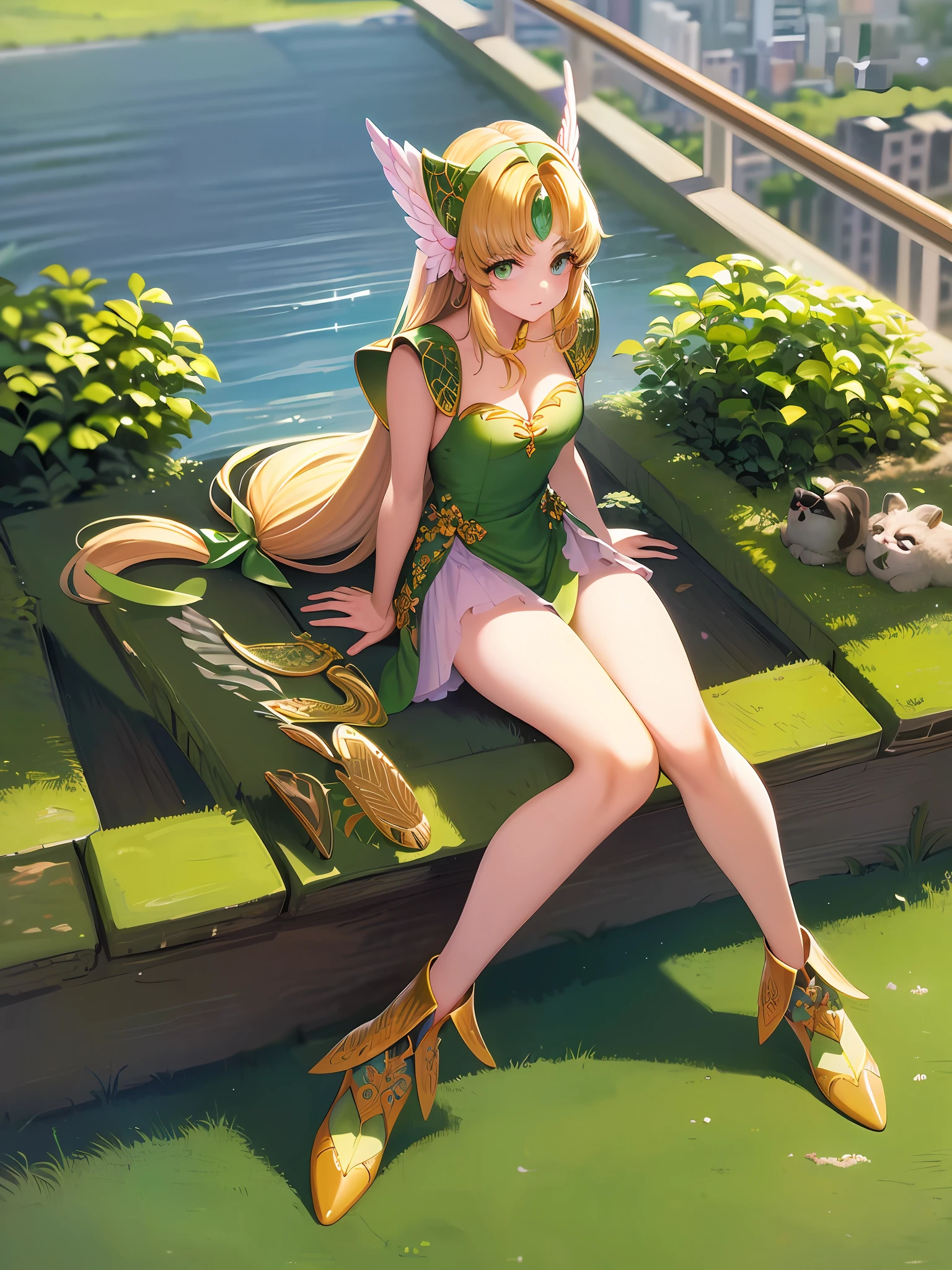Masterpiece, best quality, super detailed, 4k, super clear, high resolution, top view, top view, top view, full body, (sit down: 1.
6), Greenery, (Highway: 1.3), Modern High-rise, (Sitting: 1.5), Perfect Face, Glow Skin, Green Eyes Clover Hair Ornament, Nasida, Genshin