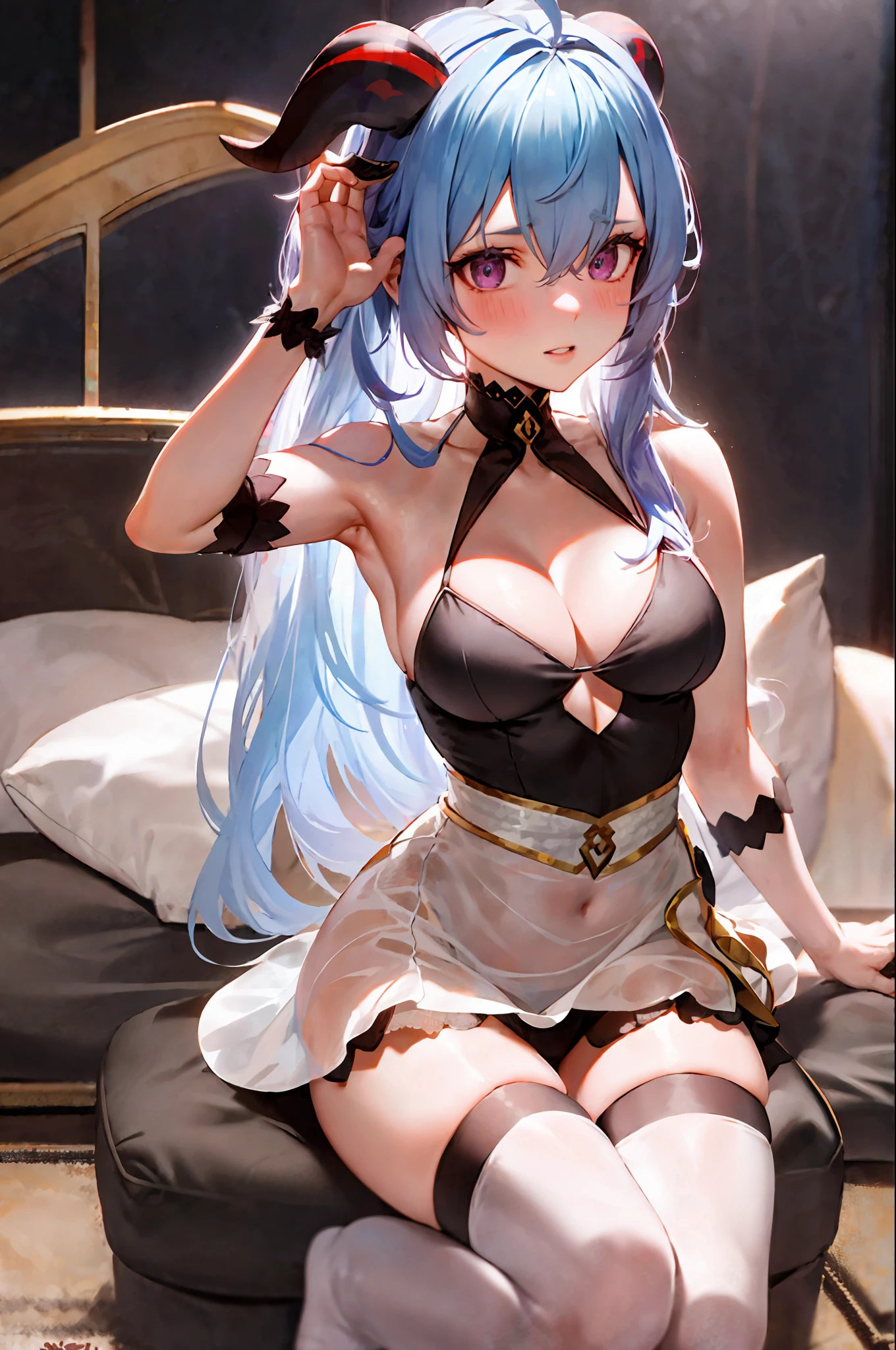 (realism, real shoot, cosplay, cosplaygirl, cosplayer), 8rk, 3D, ultradetailed, smalldetailed,masterpiece, best quality, 1girl, solo, long hair, (big breasts),sexy body, blush, bangs, thighhighs, seductive transparent dress, nightgown, slim lace bra, slim lace panties, cleavage, hair between eyes, bare shoulders, sitting on knees, very long hair, blue hair, purple eyes, ahoge, thighs, parted lips, horns, sleeveless, alternate costume, armpits, slim dress, white thighhighs, clothing cutout, cleavage cutout, black background, full body view, goat horns, ganyu /(genshin impact/), ( Ganyu ),