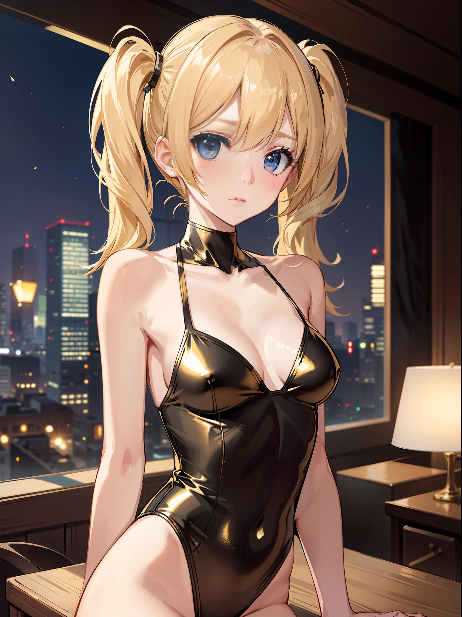 High Resolution, Top Quality, Slender Beautiful Girl, {Gold Swimsuit}, No Blushing, Club Room, Twin Tails
