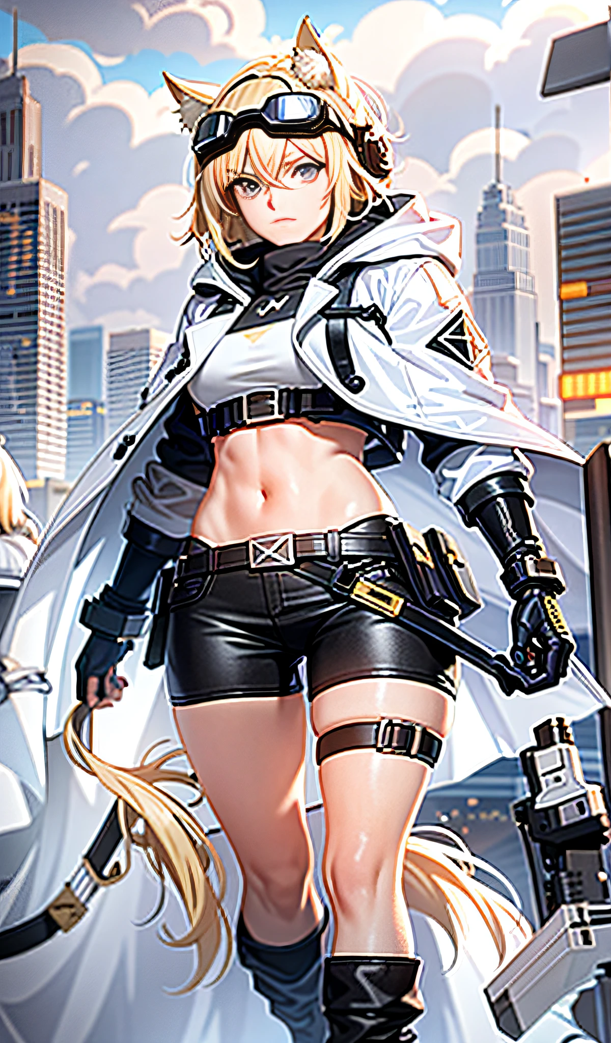 Noisy night city background, single full body standing painting, white translucent hooded trench coat, crop top, hot pants, long socks, windproof goggles, blonde eyes, blonde hair, using white pistol, horse ears, heroic royal sister, reliable mature woman, ark of tomorrow, best quality, high resolution, best quality, high quality, detailed key anime art, best anime