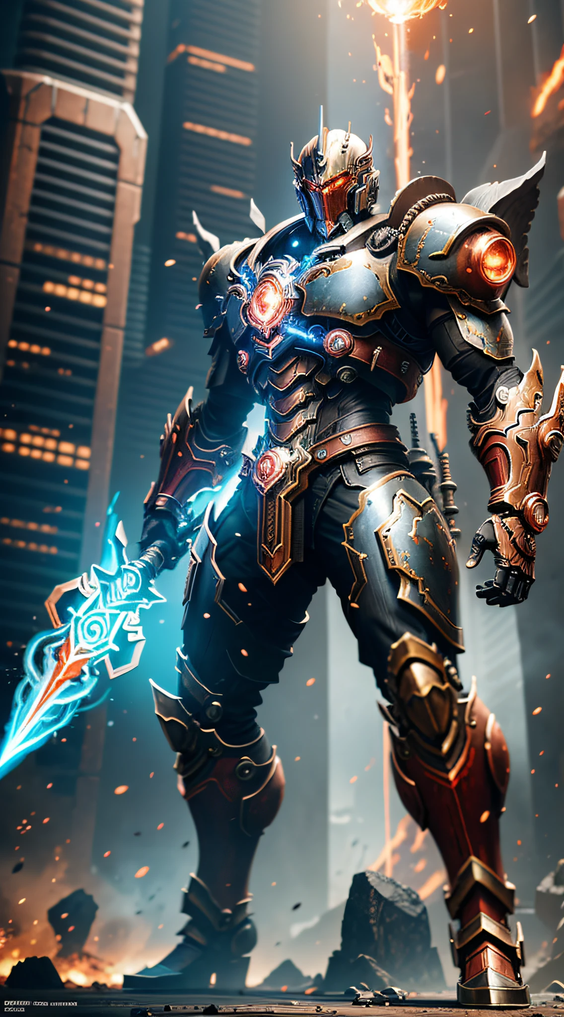 Steampunk style, cold tones, cinematic effects, futuristic sci-fi giant mecha God of War, holding red flame sword, battle posture, battle posture display, super detail, light and shadow, particle light, particle special effects, aesthetic, scattered, 8K, top painting, feature article, studio environment, concept art, epic composition, with HD details, metallic texture and tension composition, hyper-realistic, ultra-realistic, rich in detail, 3D. C4D,