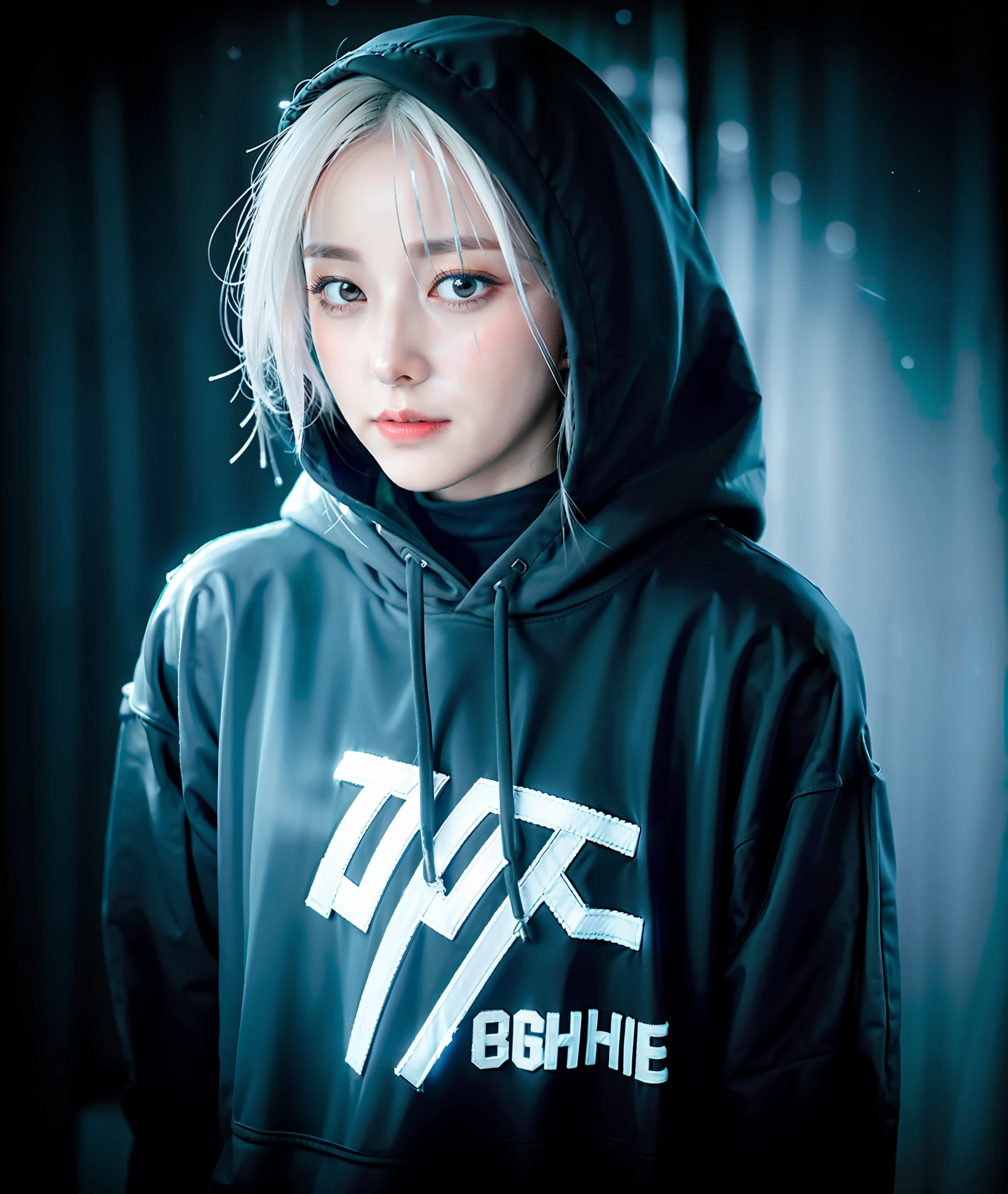 1 european young woman, techwear, white futuristic clothing, wet body, (cyberpunk:0.8), (low light:0.8), white hair, sci-fi, black hoodie, black fabric mask, grays long hair, hair to front, (wet cloth:0.5), (night:1.5), dark light, smog japan street, rain, hyper realistic, (hdr:1.2), (artstation:0.5), cinematic, soft colour, mist, raindrops, (natural skin texture, hyperrealism, soft light, sharp:1.2)