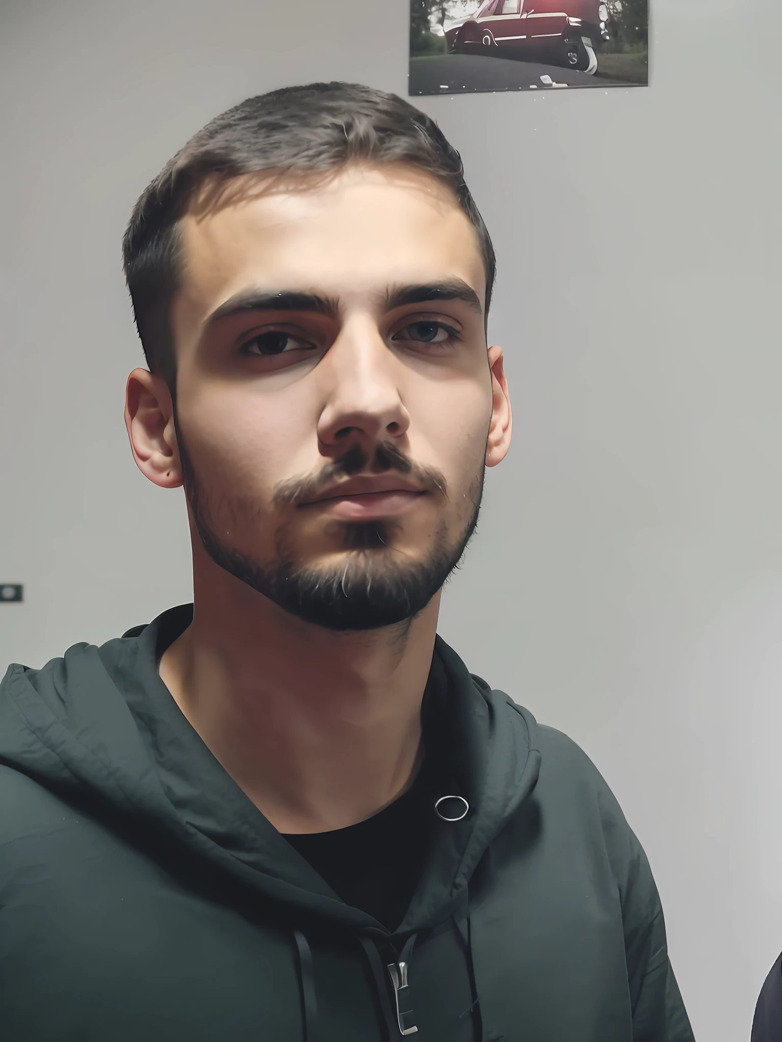 There is a man with a beard and hood posing for a photograph, about 19 years old, (((face closest to the example image)))