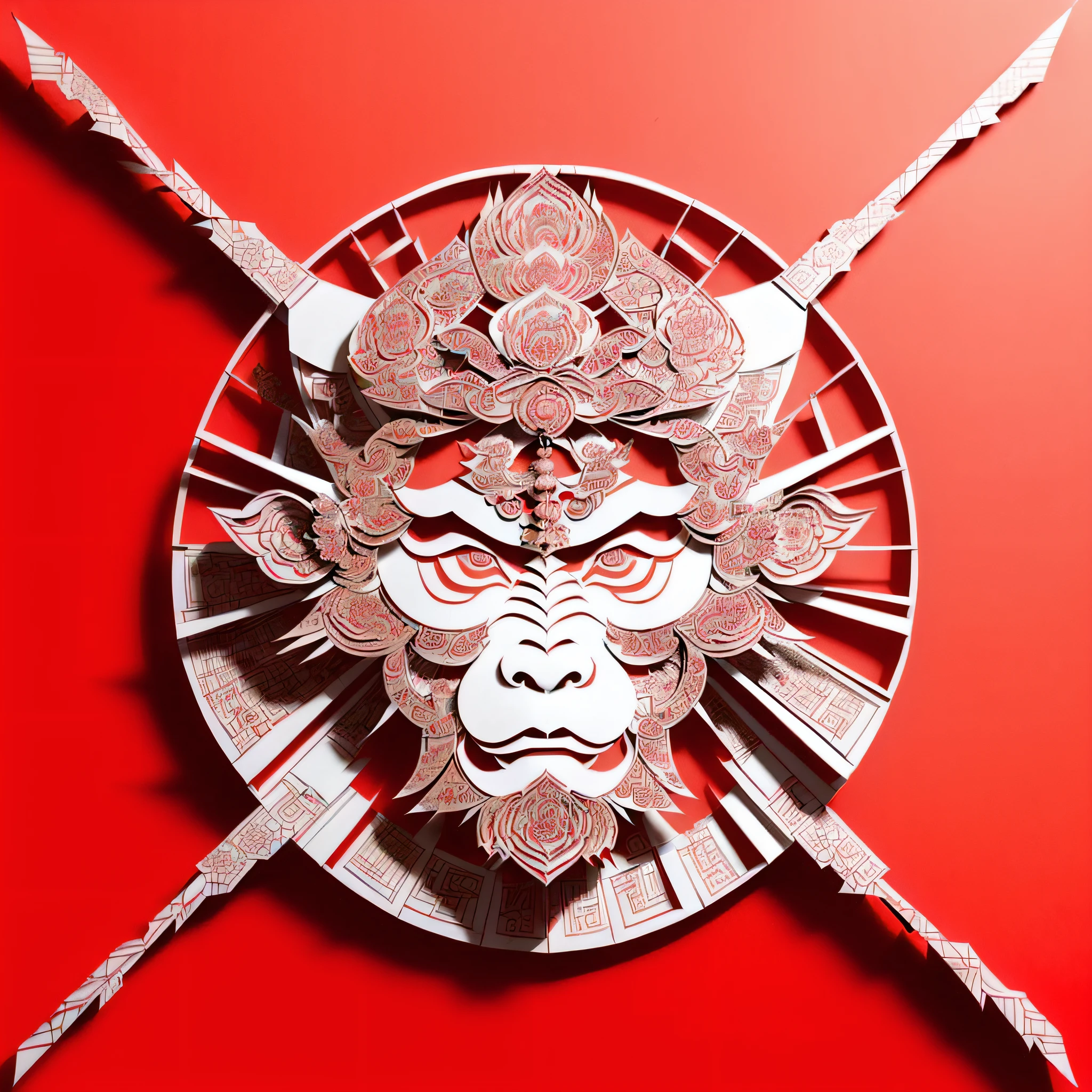 (((masterpiece))), better quality,
((Chinese art of Kirigami paper cutting)), ((Chinese paper cutting)), ((complicated paper cutting with many layers of paper)), ((each layer of paper with shadows)), (round red background paper), unique color on each layer of paper, front light, ((((little detailed beautiful face))), Monkey King, Hannya