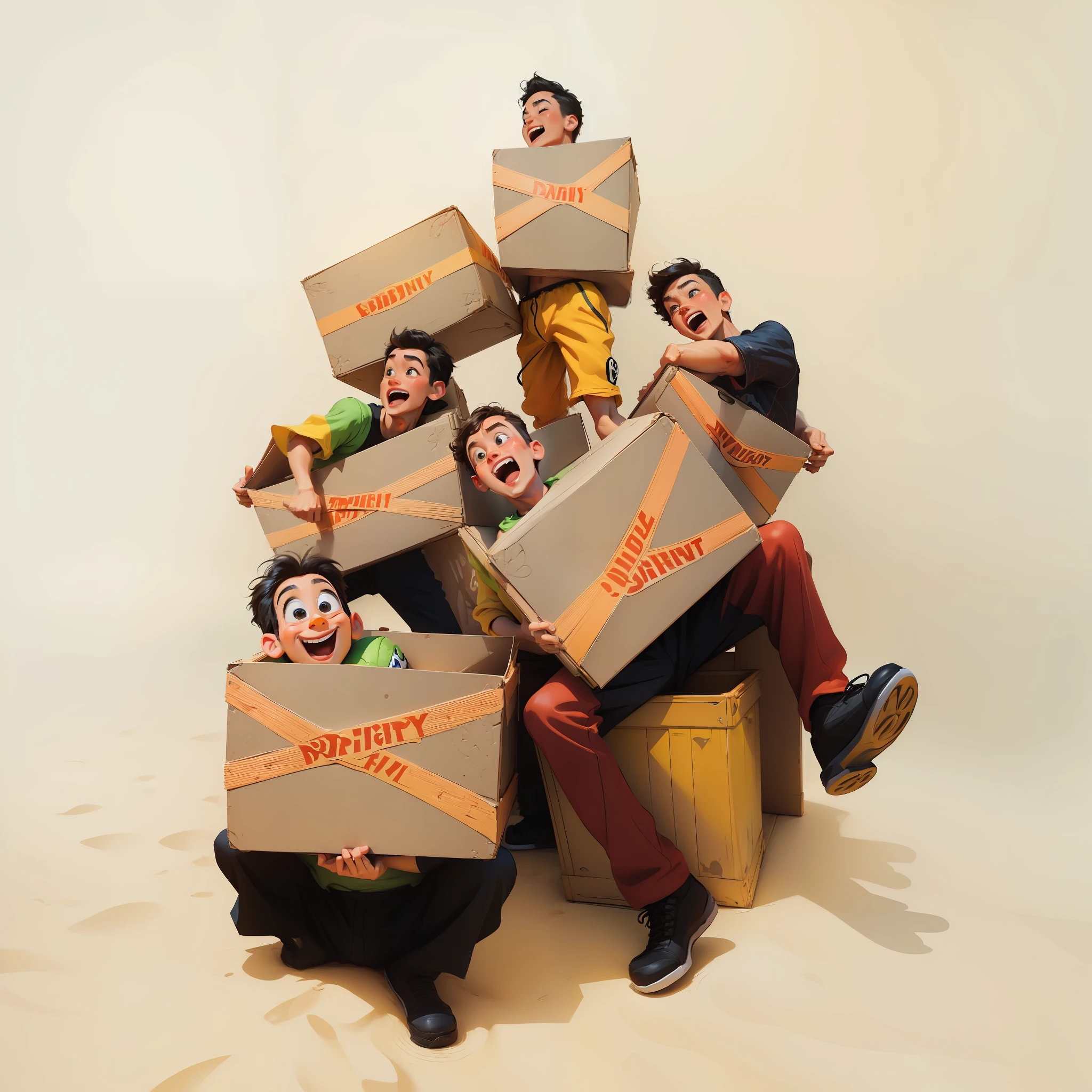 (Bright and lively Disney Pixar style:1.3),(a group of boys:1.3),(lively atmosphere:1.2),(realistic box play:1.2),(bright and dynamic colors:1.1),(fun),(similar to reference photo:1.1), make the expression more natural