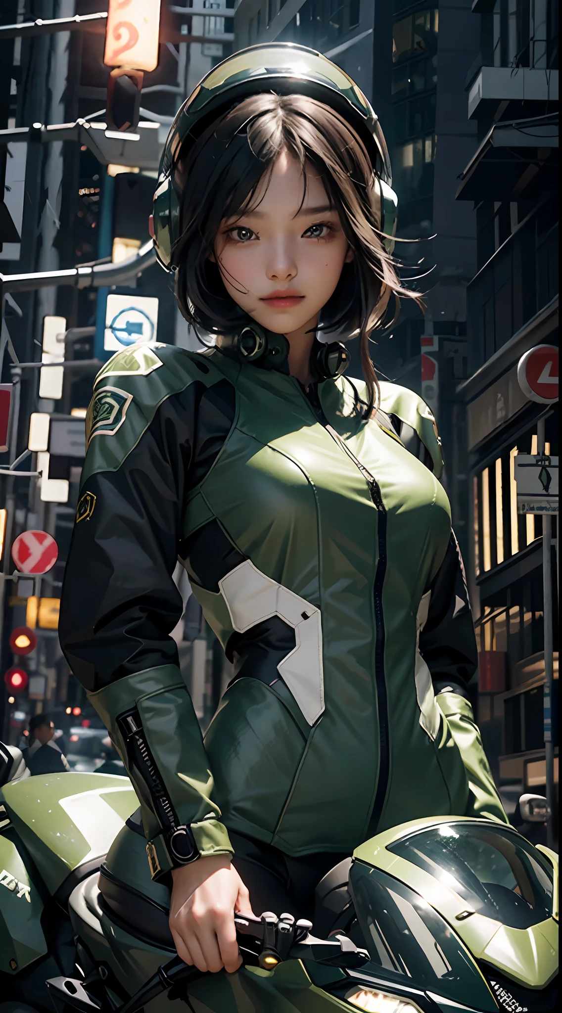 Highest image quality, outstanding details, ultra-high resolution, (realism: 1.4), the best illustration, favor details, highly condensed 1girl, with a delicate and beautiful face, dressed in a black and green mecha, wearing a mecha helmet, holding a directional controller, riding on a motorcycle, the background is a high-tech lighting scene of the future city.