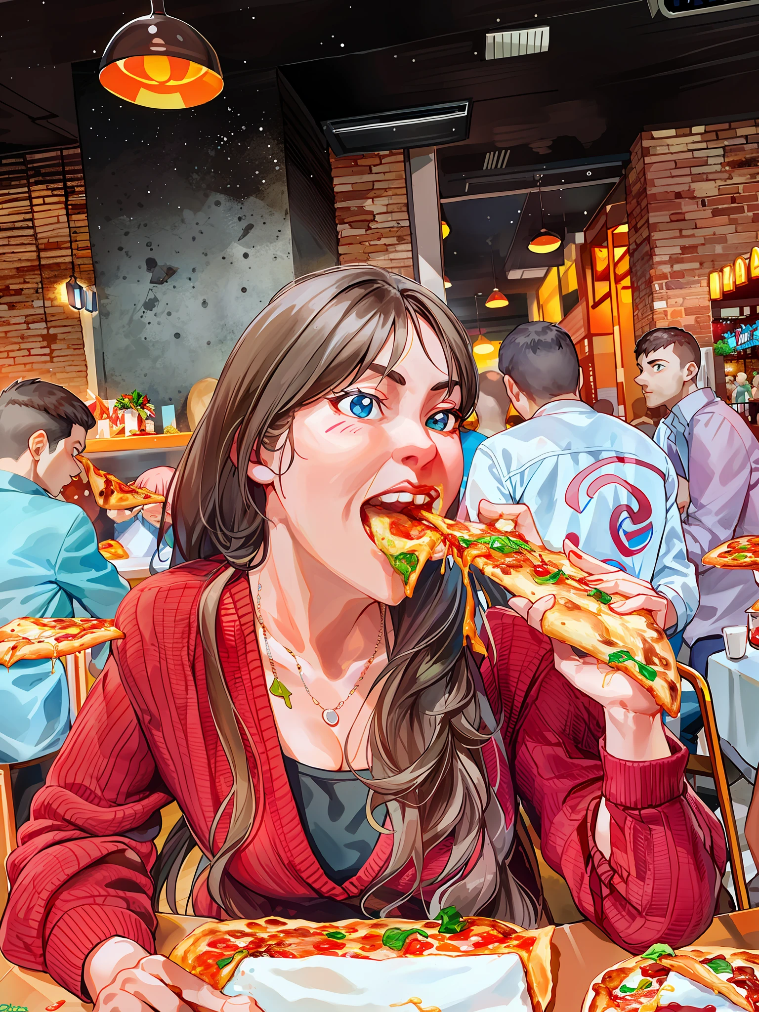 woman eating a slice of pizza at a restaurant with people sitting at tables, eating a pizza, eating pizza, eating a pizza margherita, munching pizza, buttercup eating pizza, holding up a pizza, holding pizza, holding a large pizza!!!, sharing a pizza, eating cheese, pizza!, yummy, the pizza has a large cornicione, eating