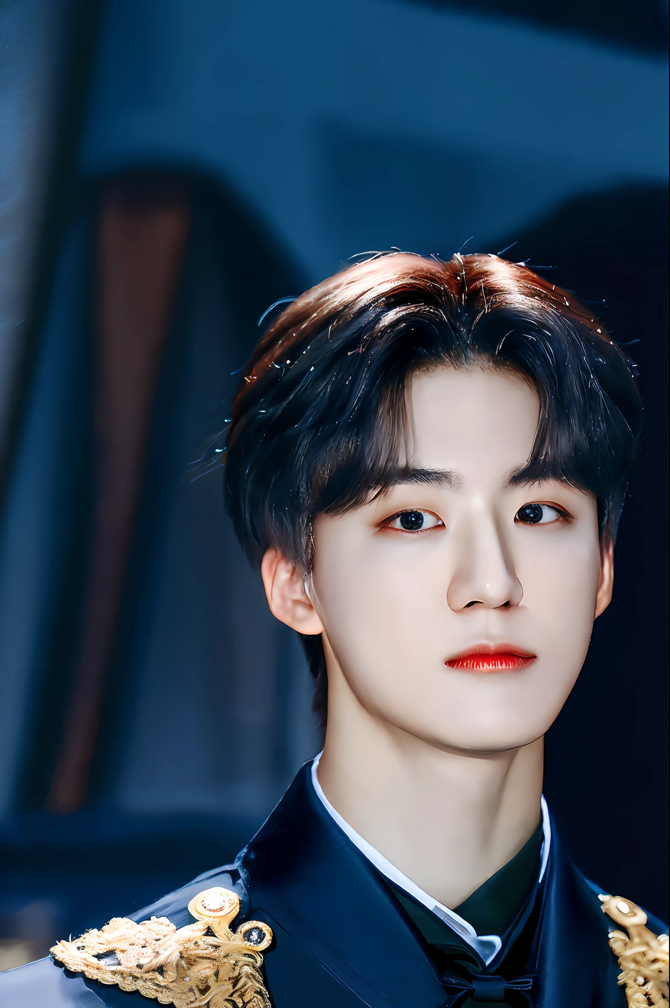 jaemin, front facing, twink, parted lips, (dark navy hair:1.2), dark navy prince regal outfit, (ultra realistic:1.2), (close up:1.2), (gothic european castle background:1.2), (intricate:1.2), (looking at viewer:1.2), male focus, 1male, solo,